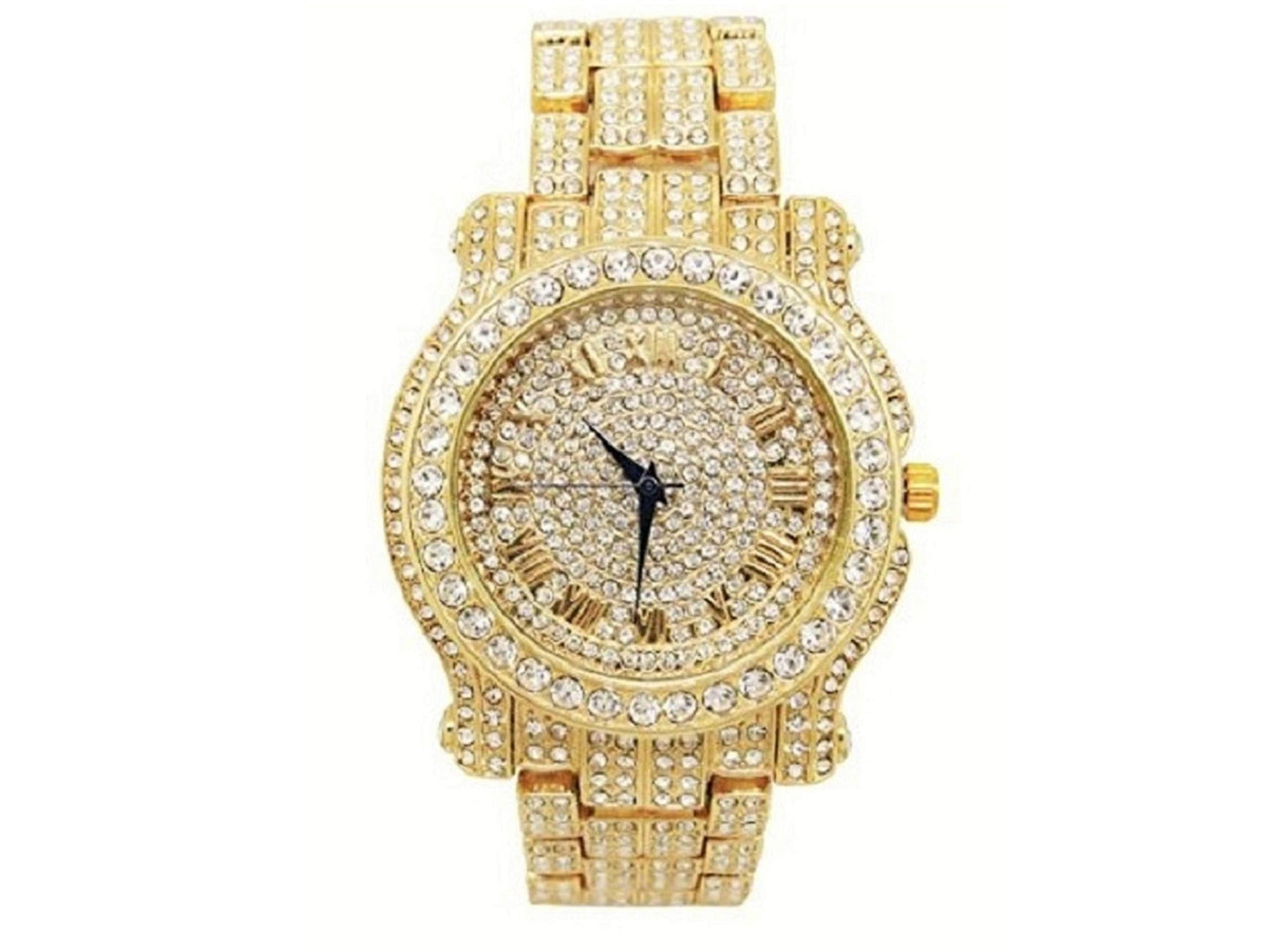 Charles Raymond Bling-ed Out Silver Round Luxury Mens Watch w/Bling-ed Out Cuban Bracelet - L0504B - Cuban (Gold)
