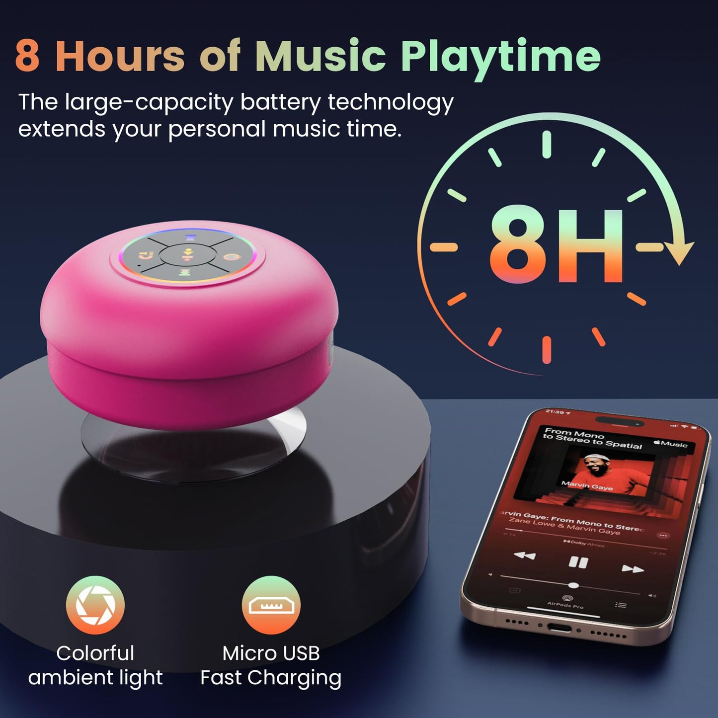 FKLBBLPM Large Suction Cup Waterproof Bluetooth Speaker LED Light Light Waterproof Bathroom Bluetooth Speaker (Pink)