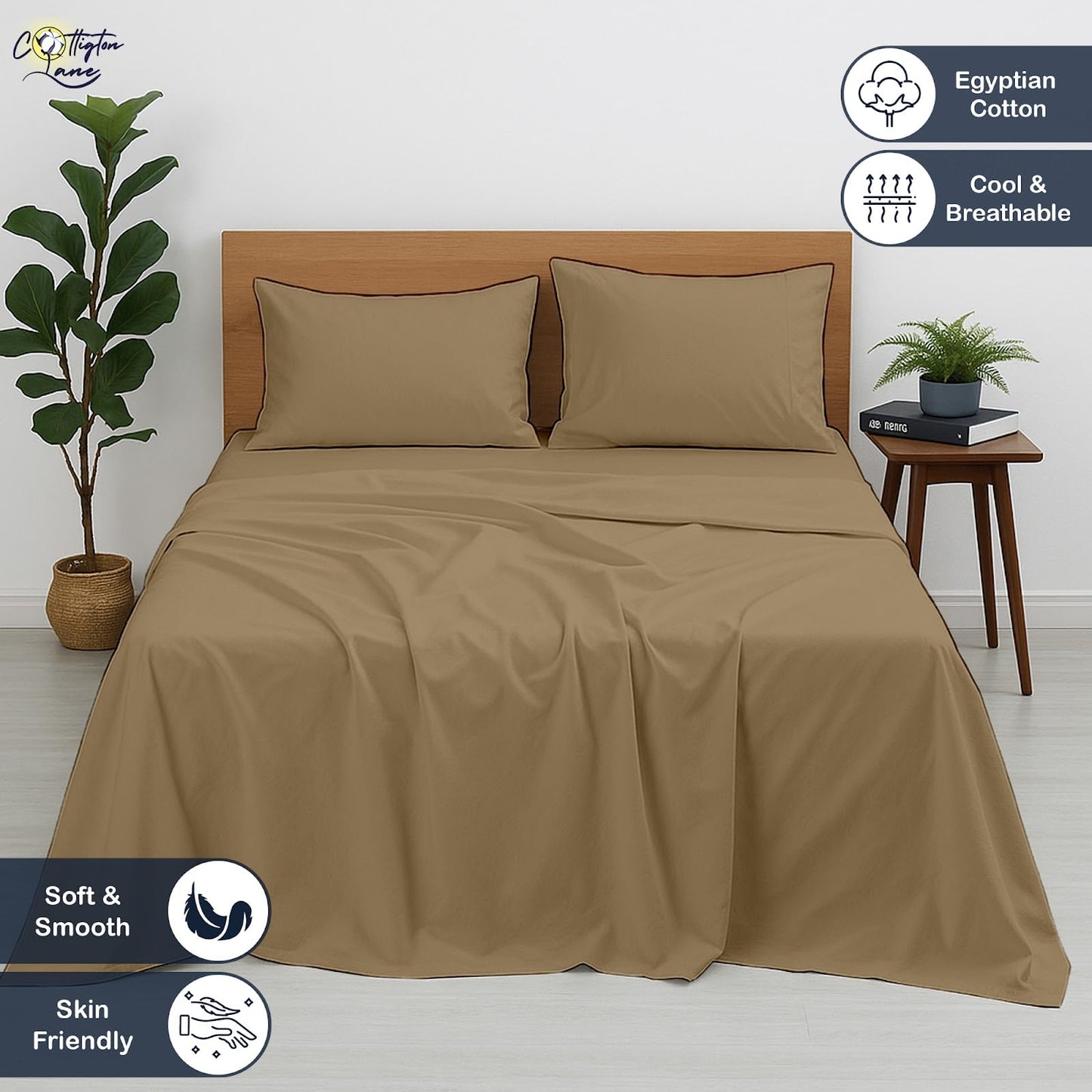 Cottington Lane Full Size Sheet Set, 100% Egyptian Cotton Premium Hotel Quality 4 Piece Sheets Sets, High Thread Count Taupe Solid with 6-10" Deep Pocket