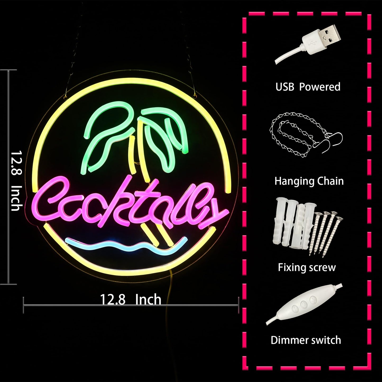 Cocktail Neon Light Dimmable Wine LED Light Palm Tree Wall Decoration Gift for Bar Man Cave Party Gathering 12.8 * 12.8 Inch