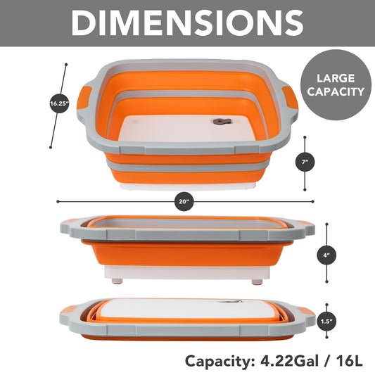Large Collapsible BBQ Prep Tub with Locking Lid, Basket for Meal Prep Marinating Food Storage, Plastic Cutting Board(4.22 Gal/16L), Camping Sink with Colander, Dish Basin