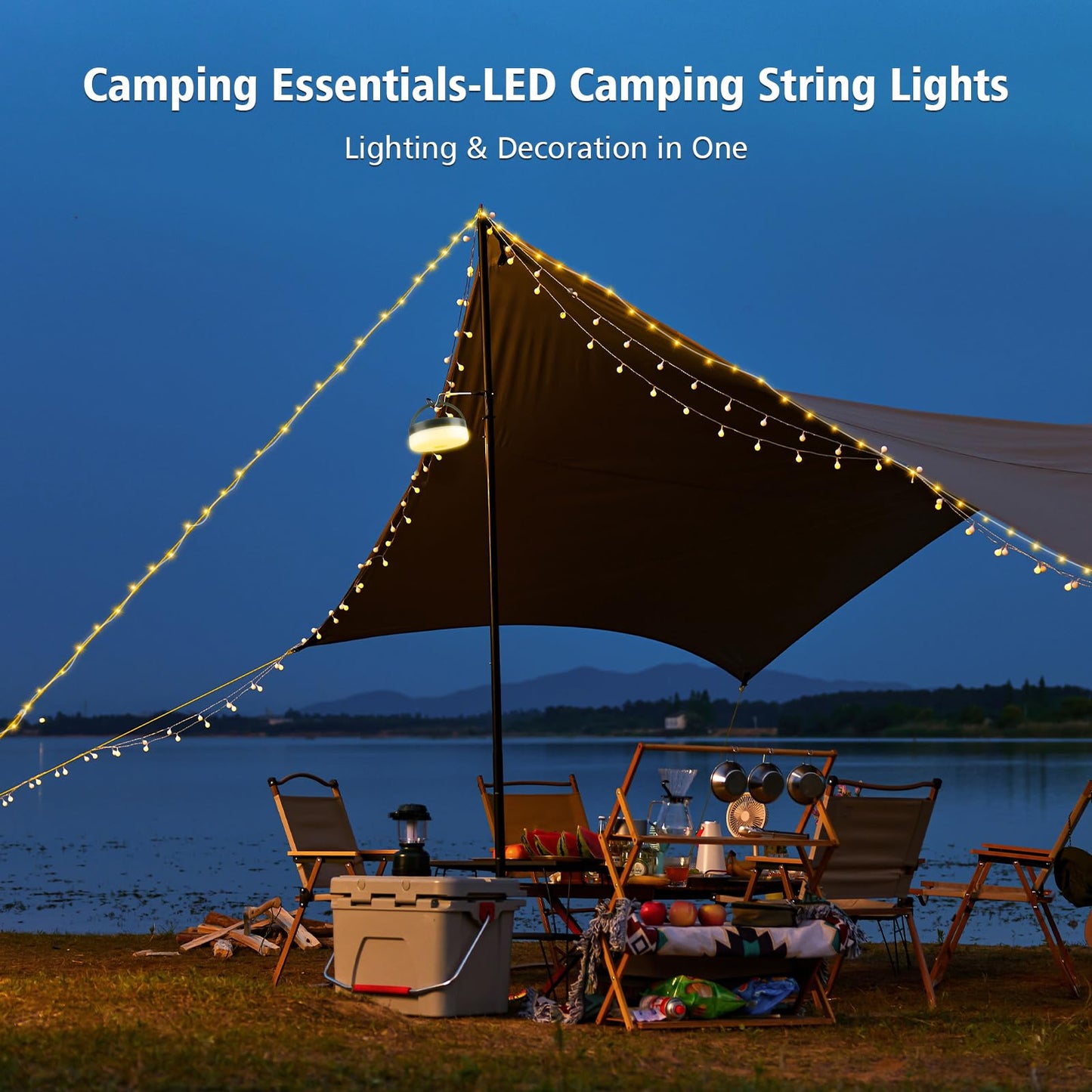 Camping String Lights 33ft, 4 in 1 Rechargeable 100 LED Outdoor Tent String Lights with 14 Lighting Modes Remote Control Waterproof with Timer Function for Camping Gear Essentials Hiking Yard Garden