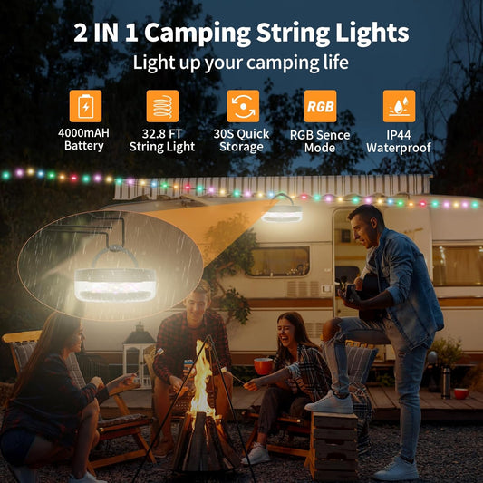 Camping String Lights 32.8FT, 2 in 1 Outdoor Camping Lantern with 14 Lighting Modes, 30s Recovery, IP44 Waterproof, 4000mAh Battery, Portable Camping Lights for Camping, Yard, Festival Decor