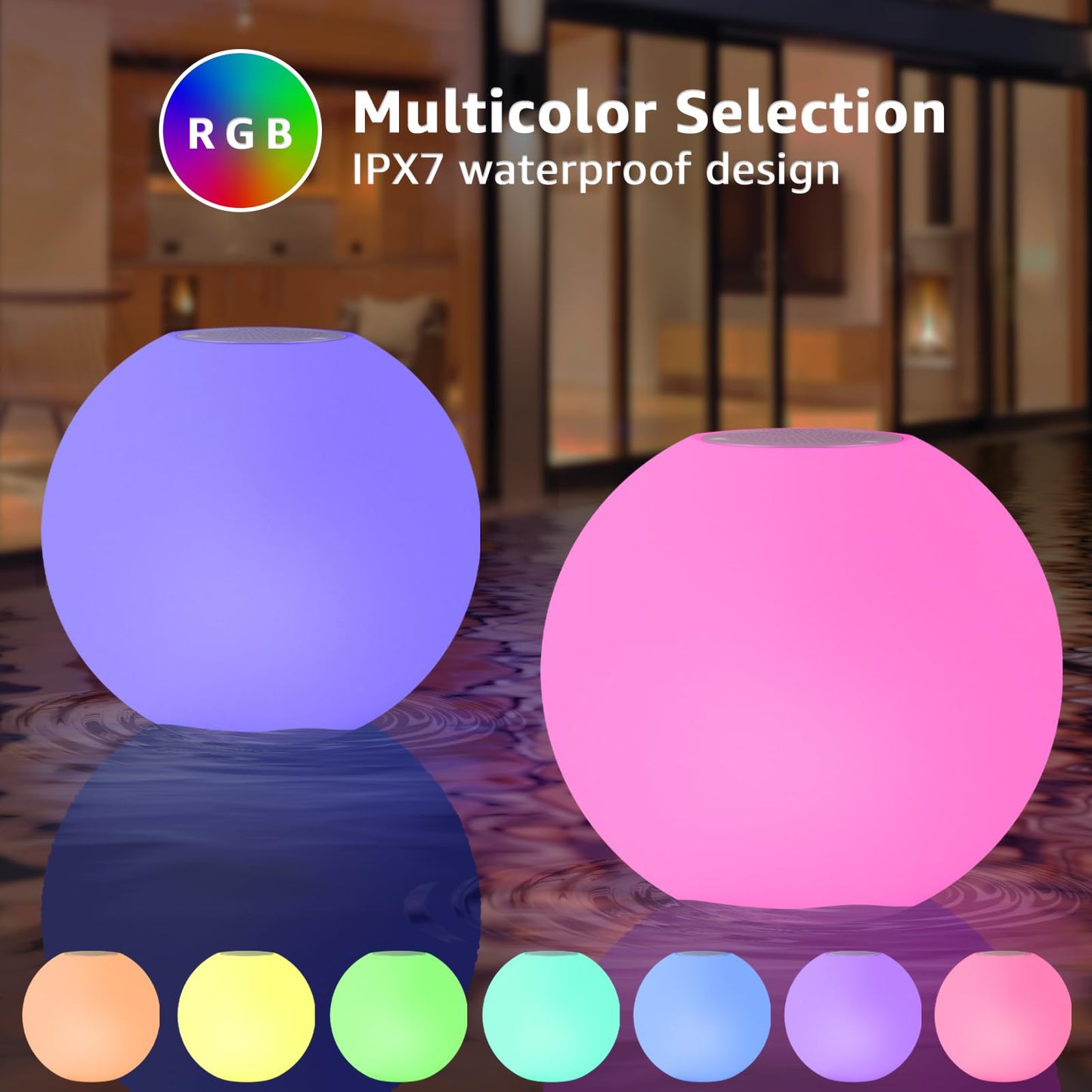 Floating Pool Speaker with Colorful Light, Rechargeable IPX7 Water-Resistant Floating Pool Light and Speaker,Pool Accessories with TWS,Stereo Sound, for Pool, Spa, Party, Outdoor, Shower