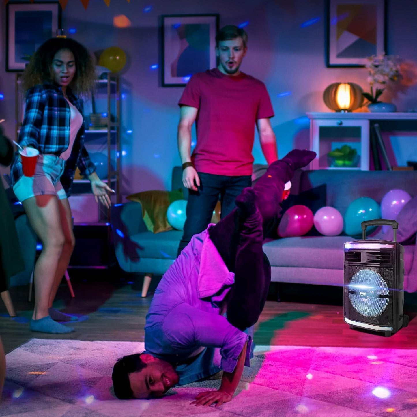 Pyle Portable Bluetooth PA Speaker System - 600W Bluetooth Speaker Portable PA System W/ Rechargeable Battery, Party Lights, MP3/USB SD Card Reader, Rolling Wheels - Pyle PPHP1044B