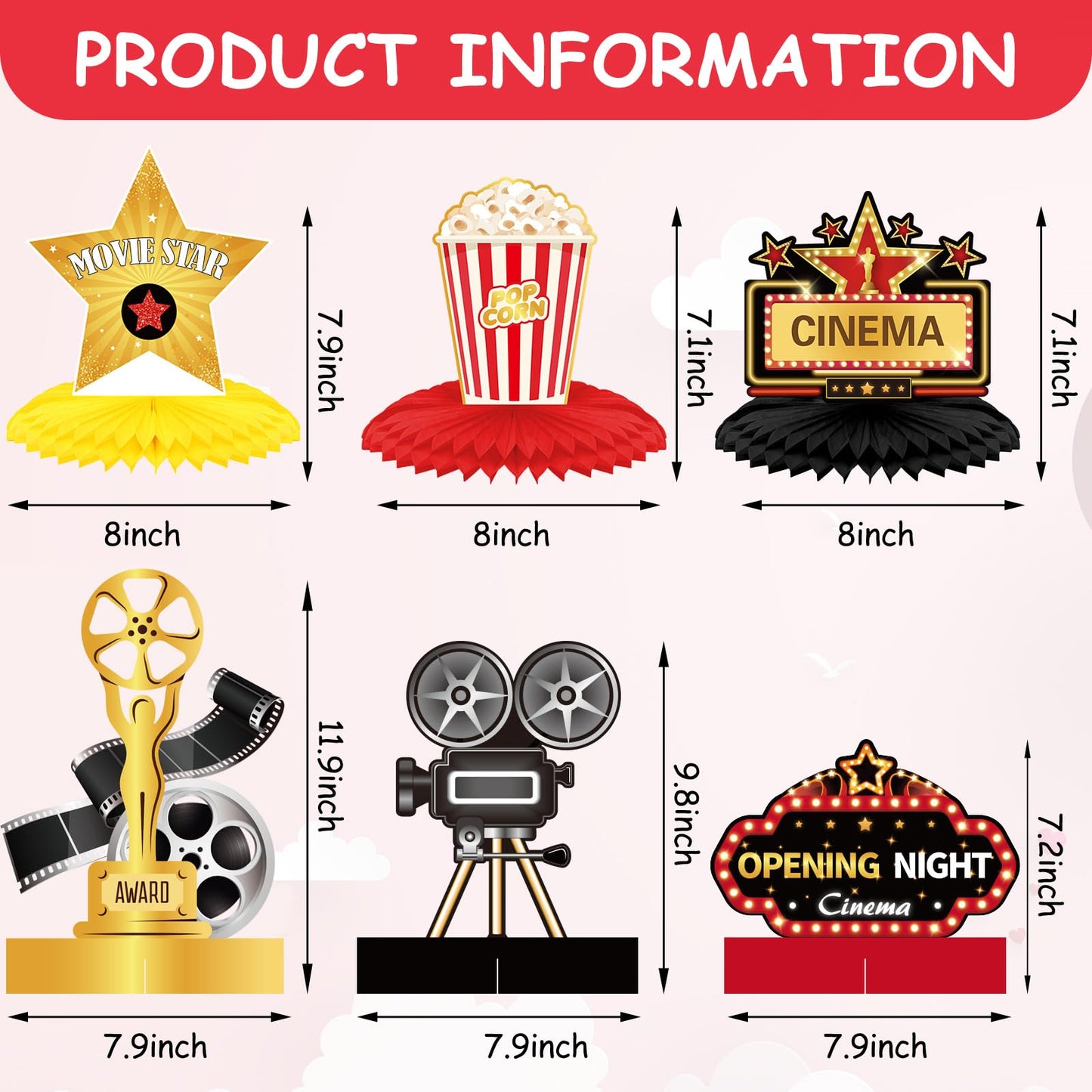 Chinco 12 Pieces Movie Night Party Supplies Decorations Movie Theater Honeycomb Centerpiece 3D Microphone Ticket Star Video Paper Centerpiece Sign Table Decoration for Theater Birthday Party Favors