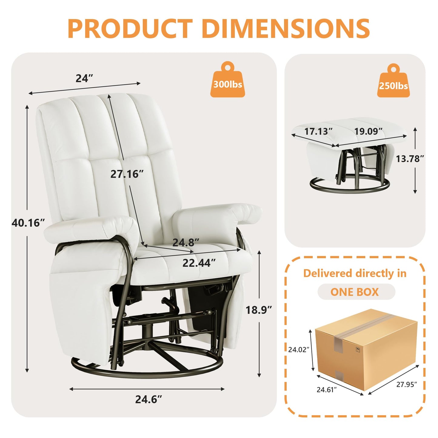 JIASTING 360° Swivel Leather Recliner Chair with Ottoman & Double Side Pockets, Nursing Glider Rocking Recliner Chair, Gliding Chairs for Nursery, Living Room, Office, Bedroom, Metal Frame (White)