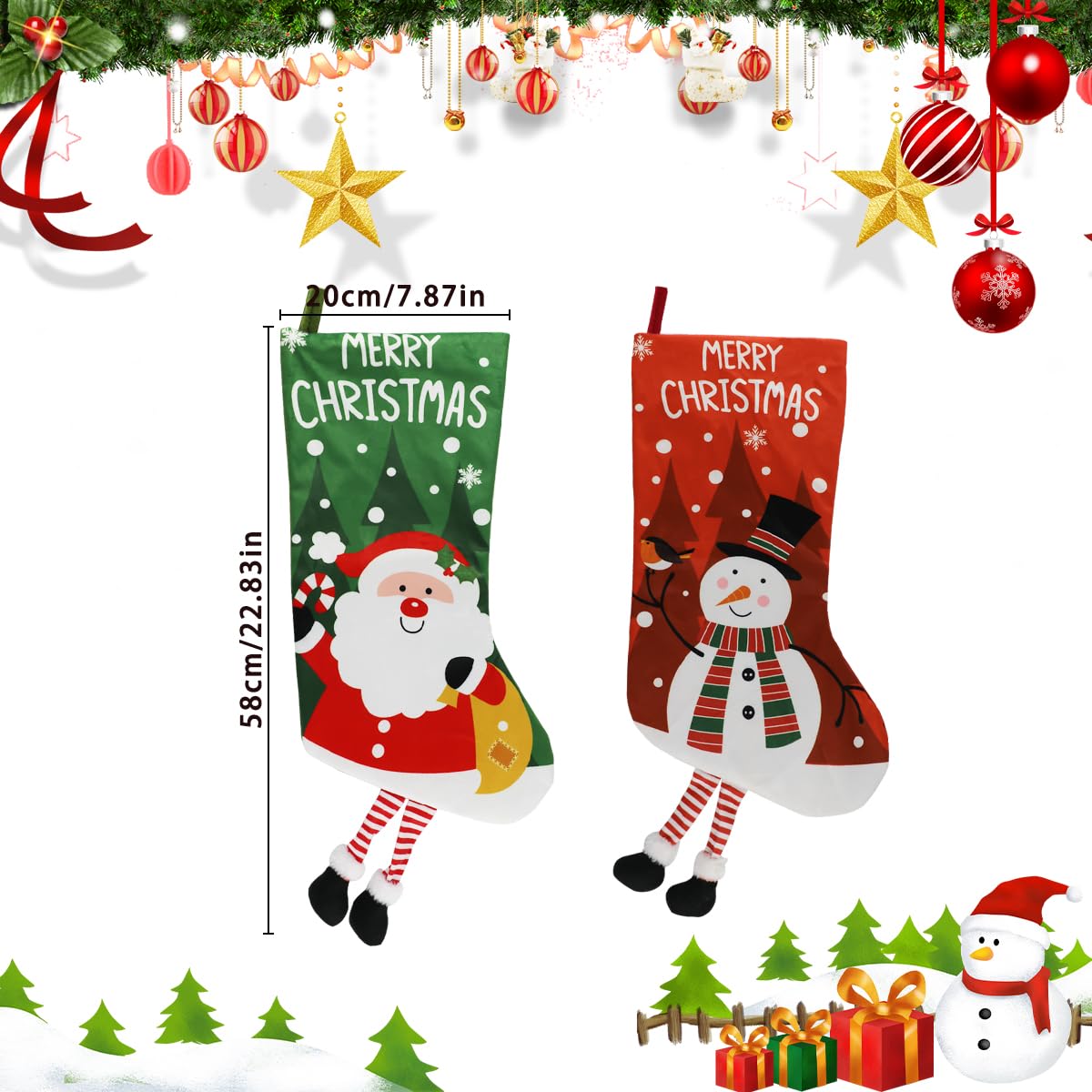 PJHAJH 2 Pack 2025 New Personalized Christmas Stocking 18" Large Christmas Santa Claus & Snowman Stocking Custom Christmas Stocking Holiday Party Decoration Stocking for Christams Decor,Holiday