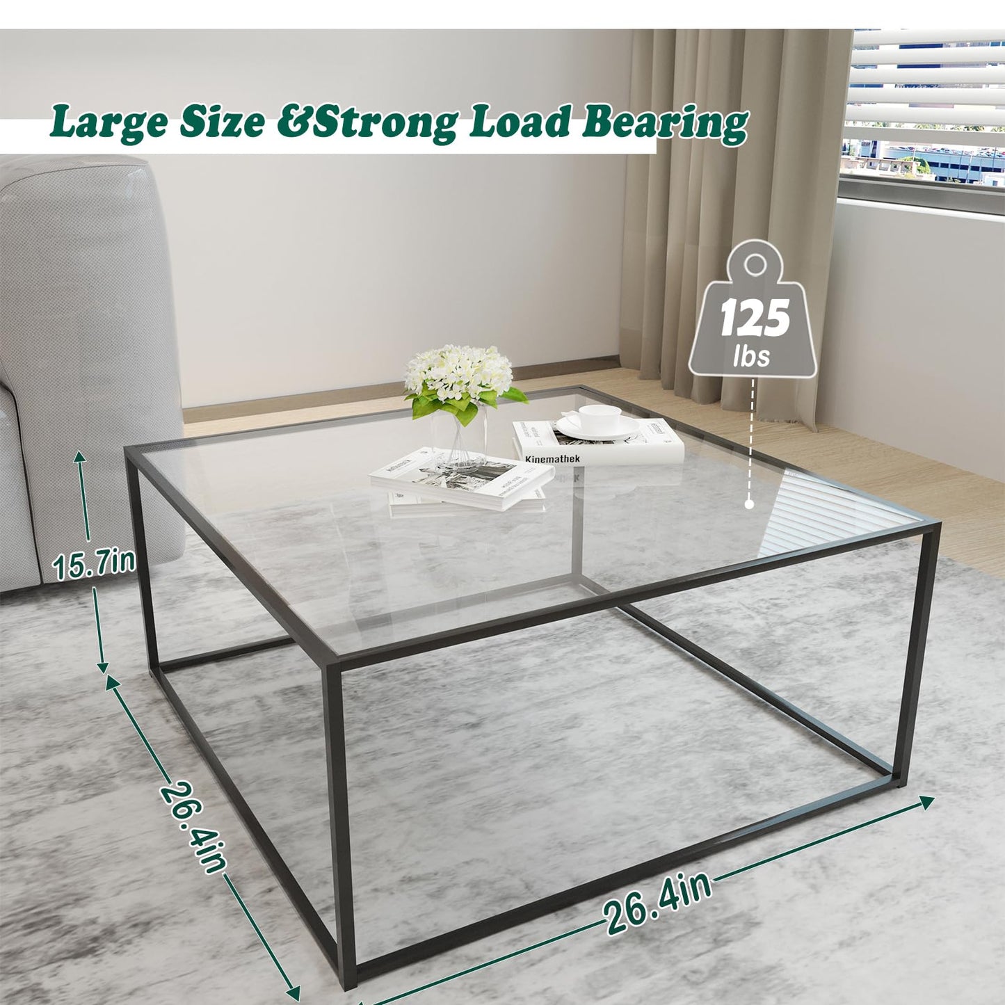 Glass Coffee Table Modern Center Table,Minimalist Coffee Table Sofa Side Tea Table for Living Room,Tempered Glass-top with Sturdy Metal Frame, Easy Assembly,26.4 x 26.4 x 15.7 Inches, Black