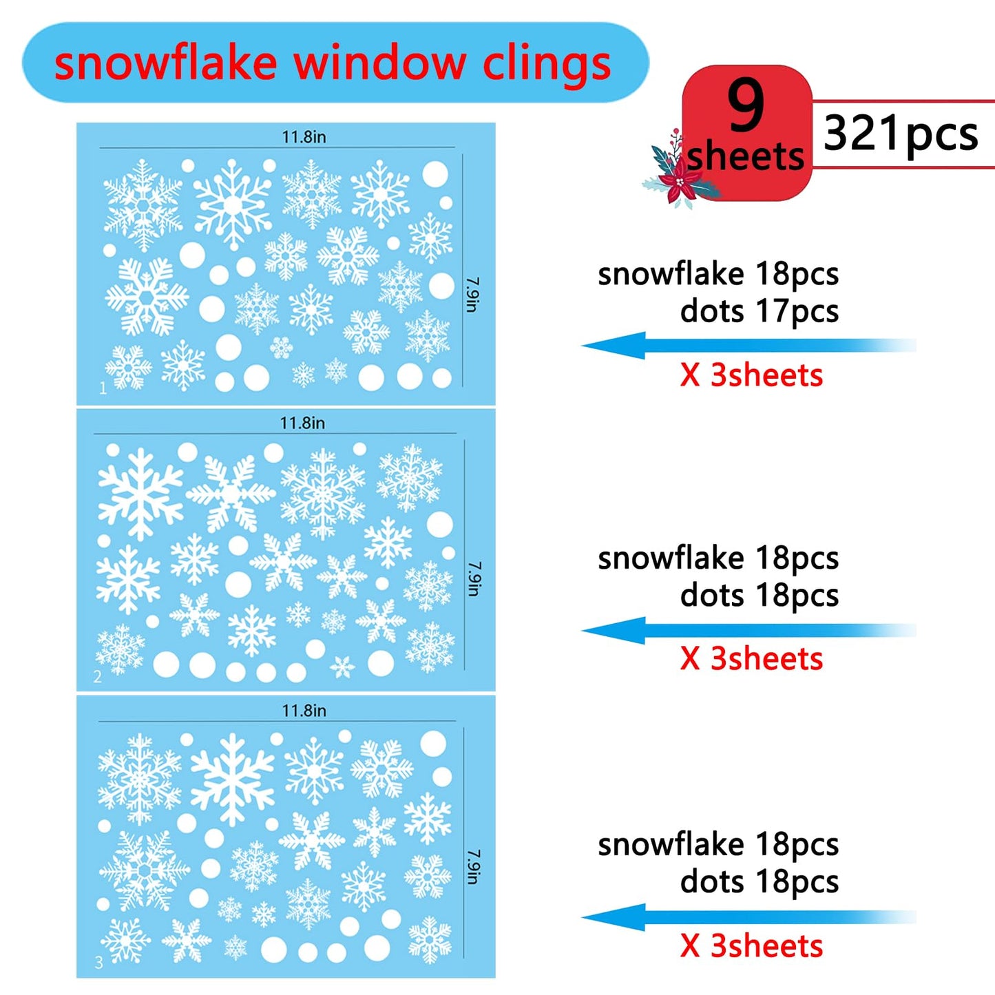 321PCS Snowflake Window Clings for Glass Windows, 9 Sheets Christmas Window Clings for Glass Windows Snow Spray, Winter Window Clings Xmas Holiday, Christmas Decorations for Office Clearance Indoor