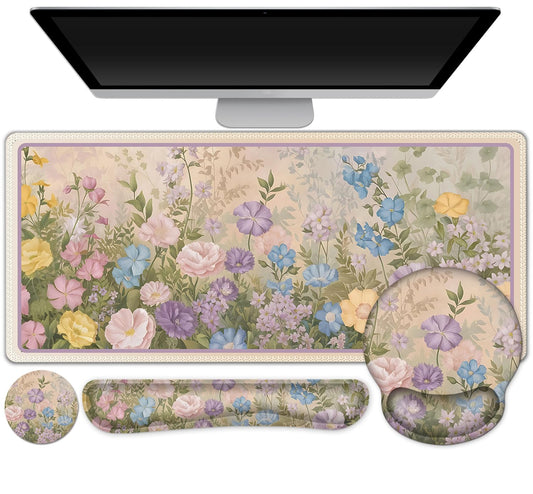 AIMSA Keyboard Mouse Pad Wrist Rest Set, Large Gaming Mouse Desk Pad with Wrist Support Ergonomic Design, 4 in 1 Mousepad for Home Office, Sunflower Starry Sky