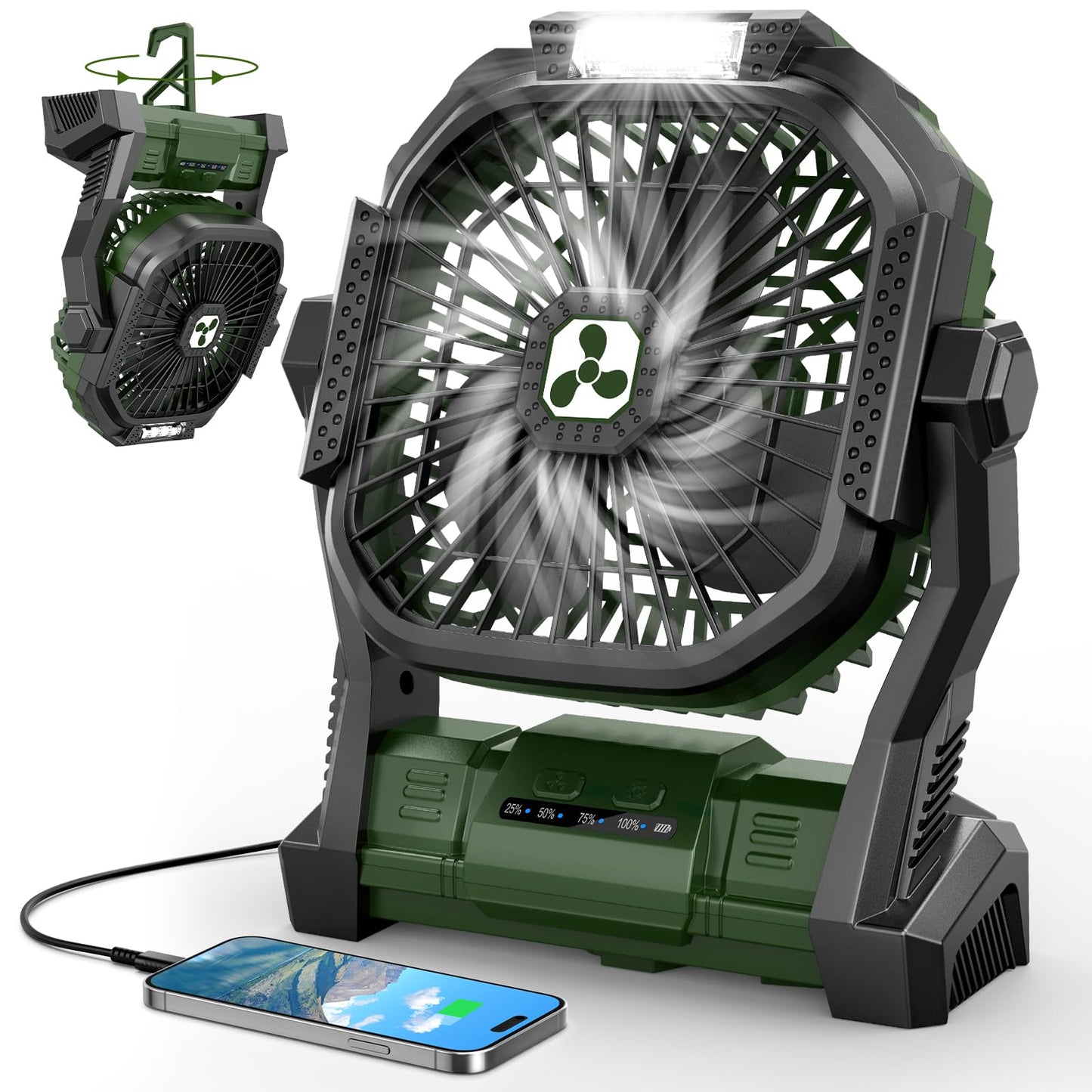 Portable Rechargeable Fan, 20000mAh Cordless Battery Powered Camping Tent Fans with LED Lantern, Small USB C Operated Outdoor Ventilador for Travel Camp Fishing Picnic Beach Office Home Essentials