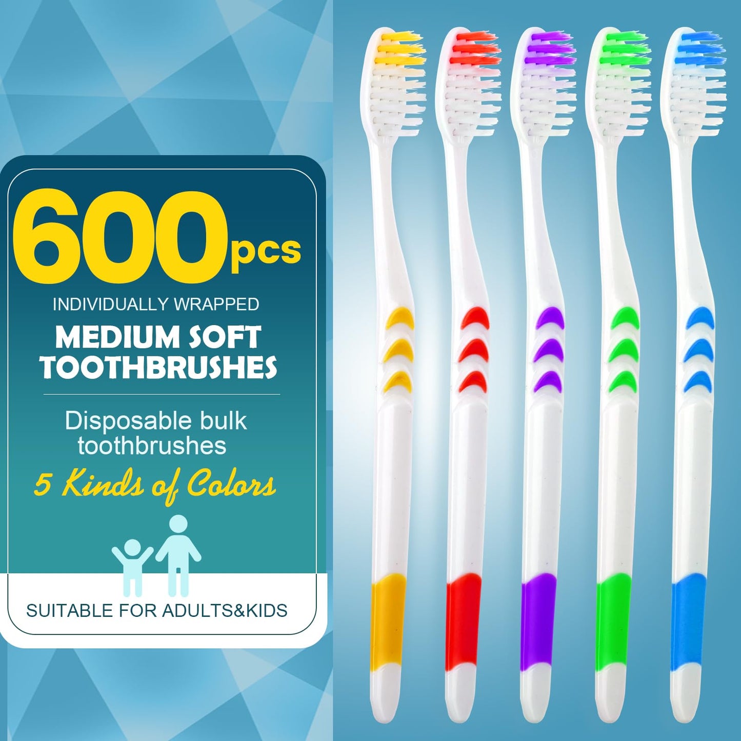 Navona 600 PCS Premium Individually Wrapped Bulk Toothbrush Pack, Disposable Toothbrushes, Kids Toothbrush, Medium Soft Bristle Toothbrushes, Ergonomics Handle, Perfect for Travel Hotel Donation