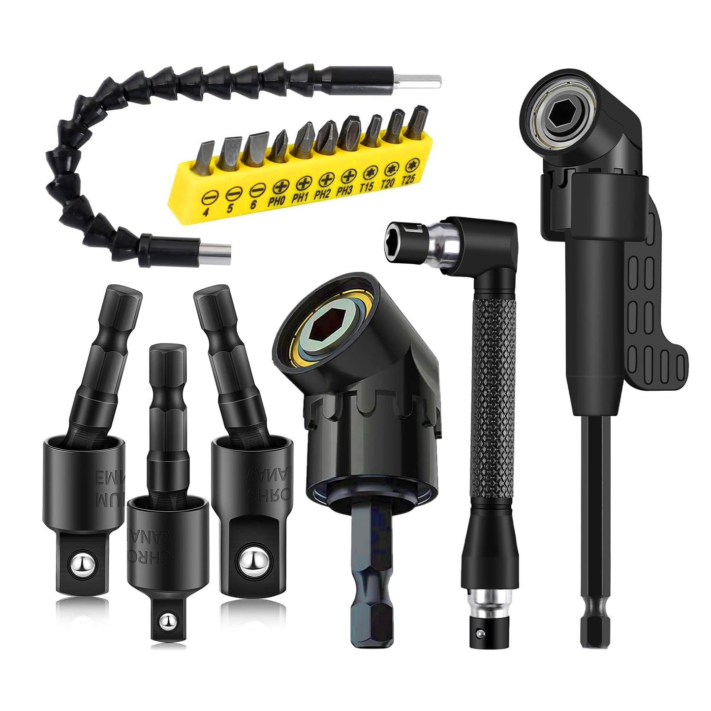 Impact Grade Power Hand Tools Driver Sockets Adapter Extension Set, 3Pcs 1/4 3/8 1/2" Hex Shank Drill Nut Driver Bit Set + 105 Degree Right Angle Driver Extension Screwdriver Drill Attachment