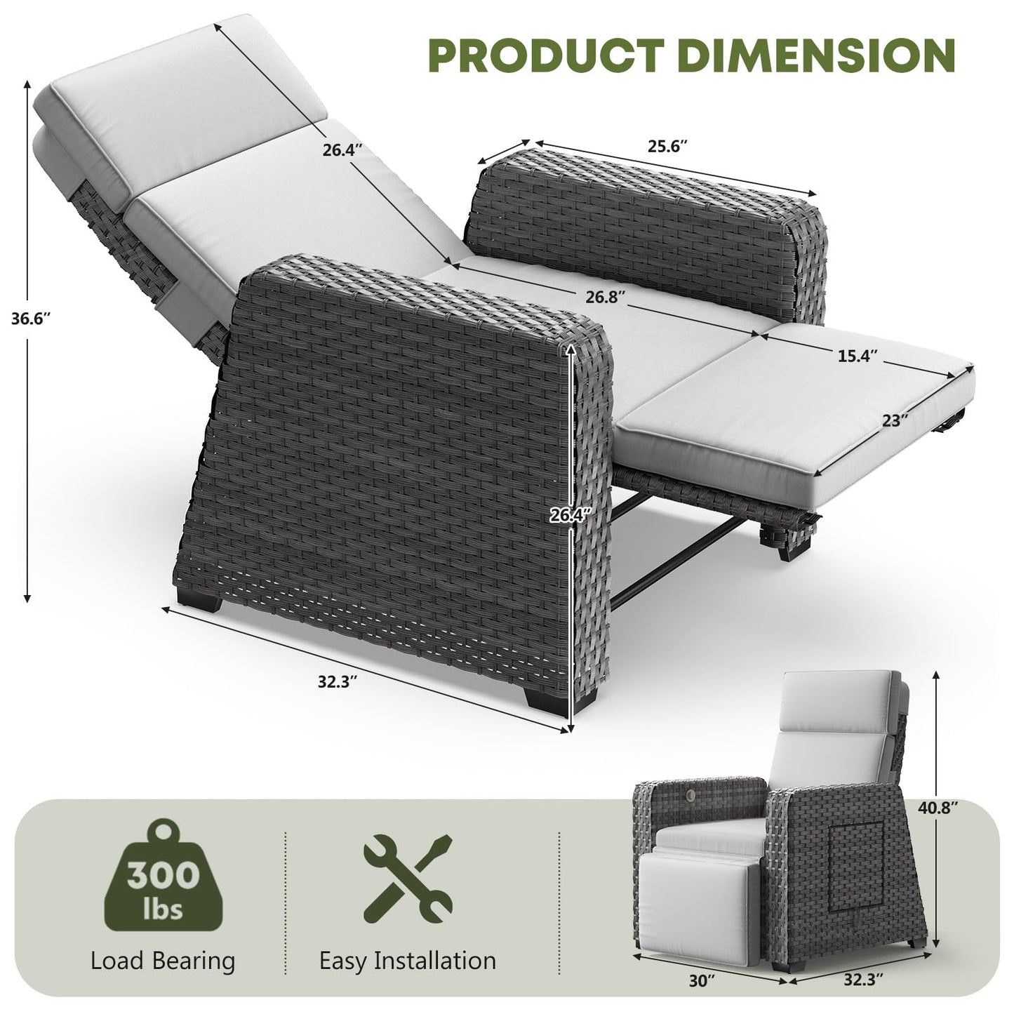 Outdoor Recliners Set of 2 - Wicker Patio Reclining Chairs with Flip-Up Side Table, 150° Lay-Flat Position, Extended Footrest & Removable Gray Olefin Cushions