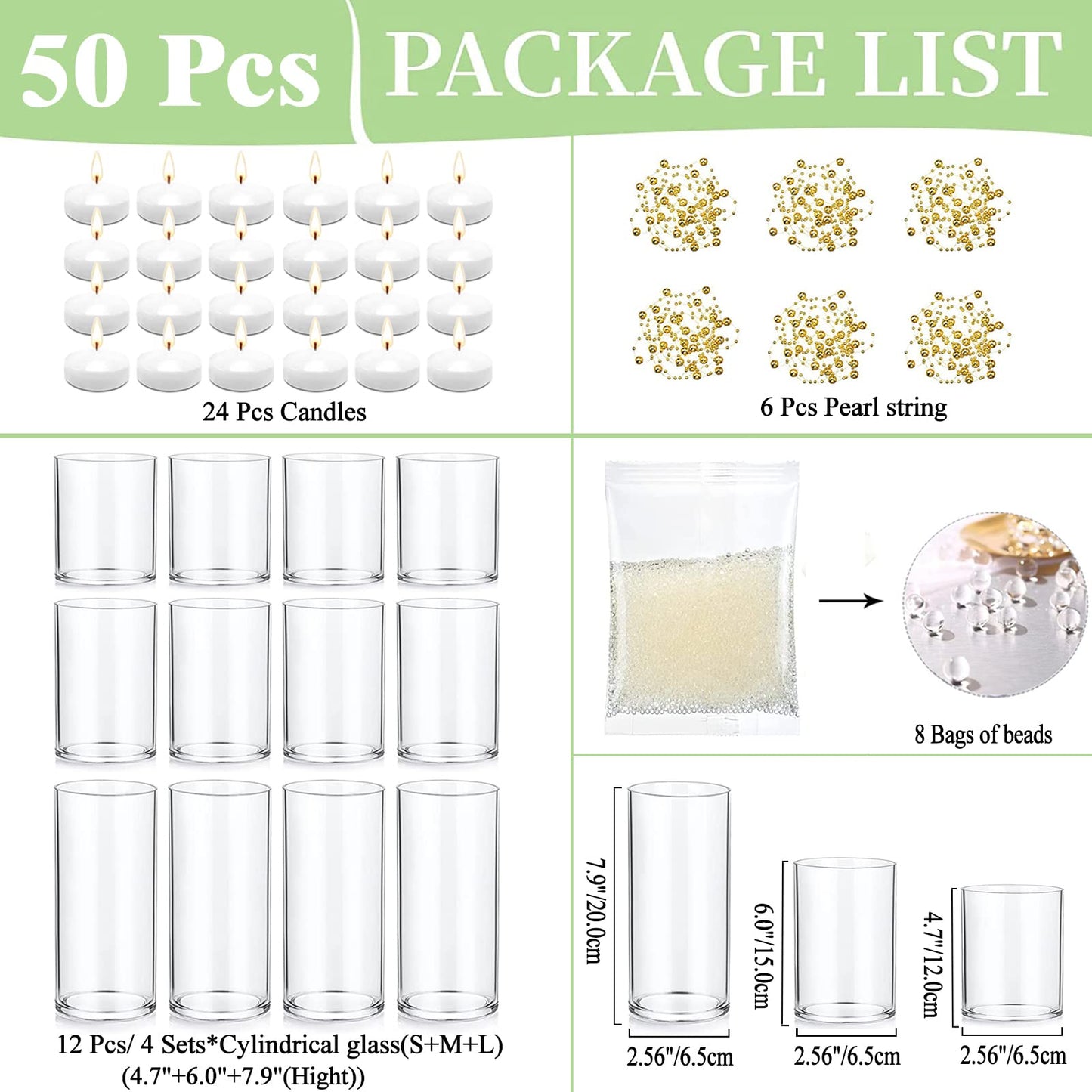 UDU 12 Set Glass Cylinder Vases for Centerpieces with 80000 Vase Filler 24 White Floating Candles 6 Pearl String for Wedding Party Home Table Decoration