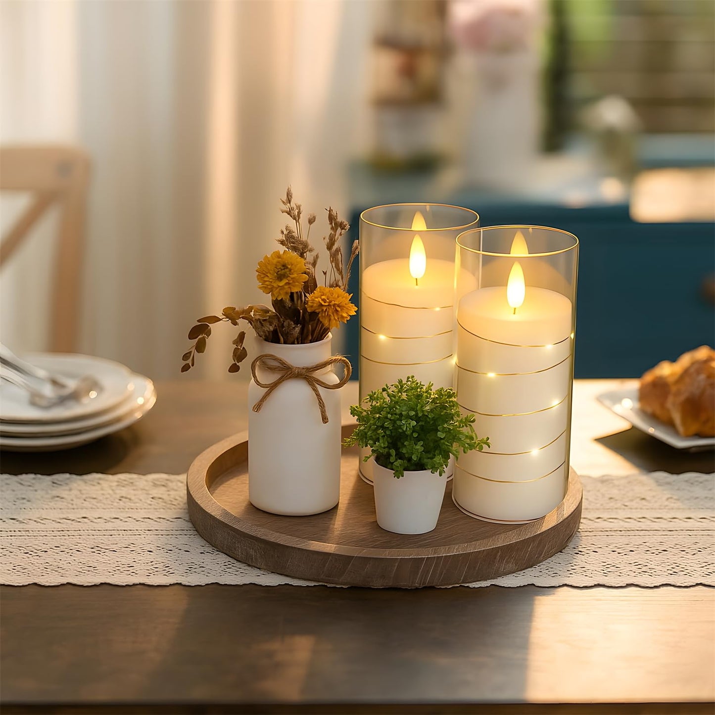 Flickering Flameless Candles with Remote Timer, 6pcs LED Battery Operated Candles with Embedded String Lights White, D3 H6