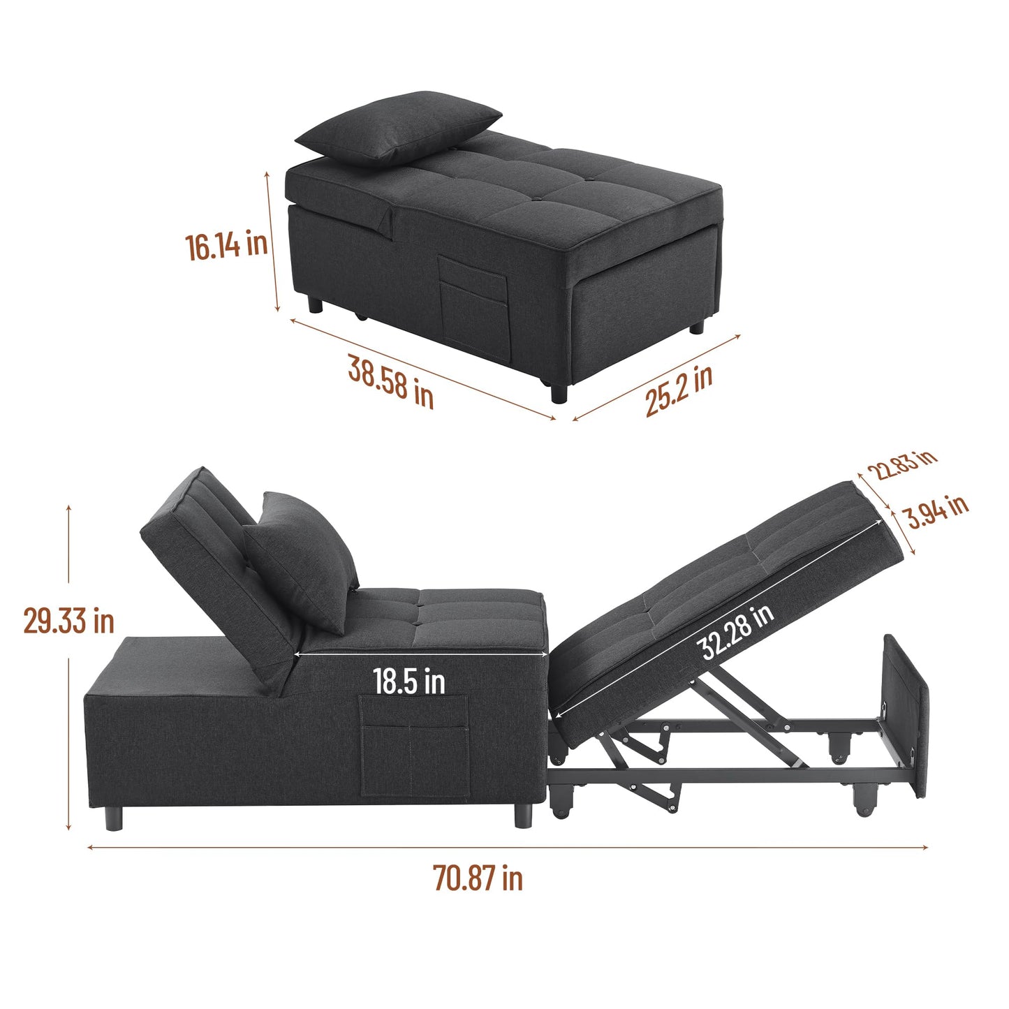 LegacyAmerhome Sleeper Chair, 4-in-1 Multi-Functional Sofa Bed Chair, Single Recliner with Pillow Side Pockets and 5 Levels of Adjustable Backrest, for Living Room Bedroom (Dark Gray)