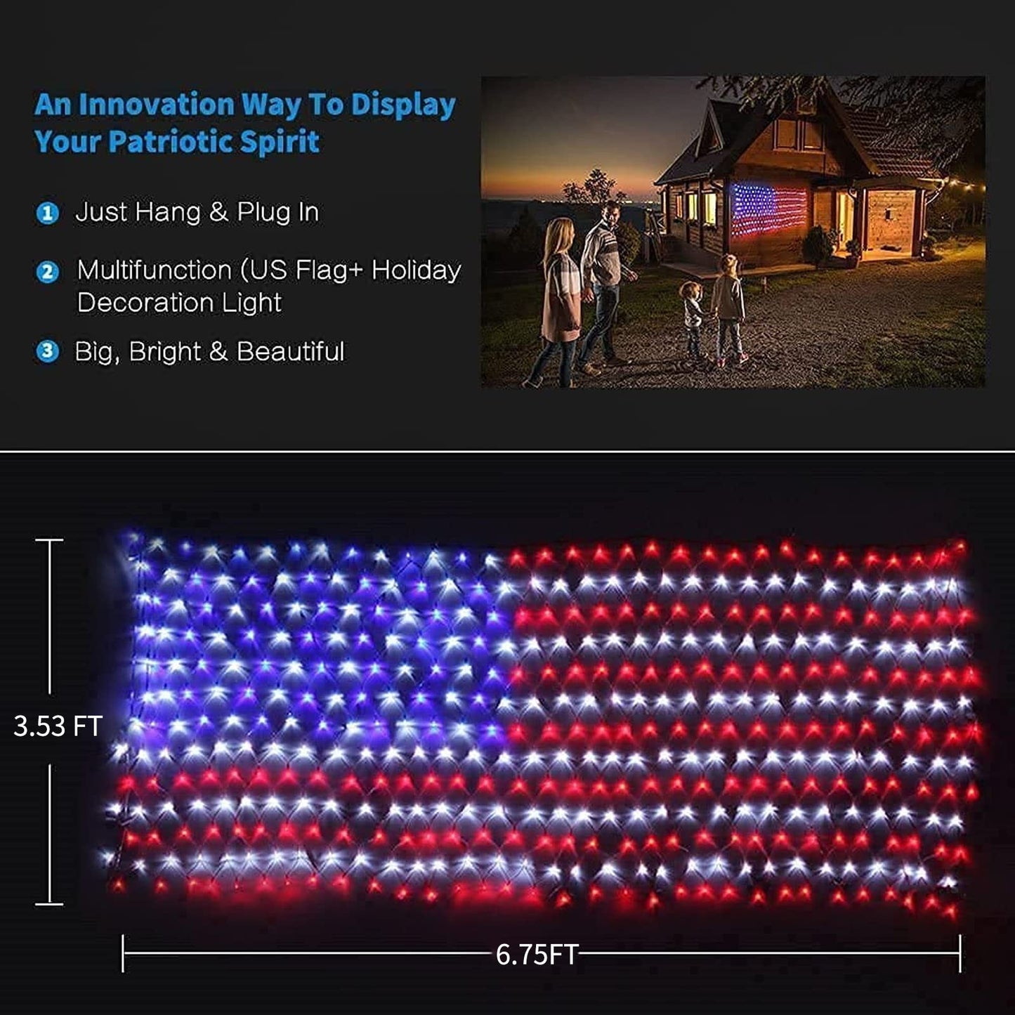 MZD8391 American Flag Lights 420 Super Bright LEDs, Waterproof LED US Flags Light for 4th of July Decorations, Memorial Day, Independence Day, Garden, Yard, Holiday, Party, Christmas Decorations