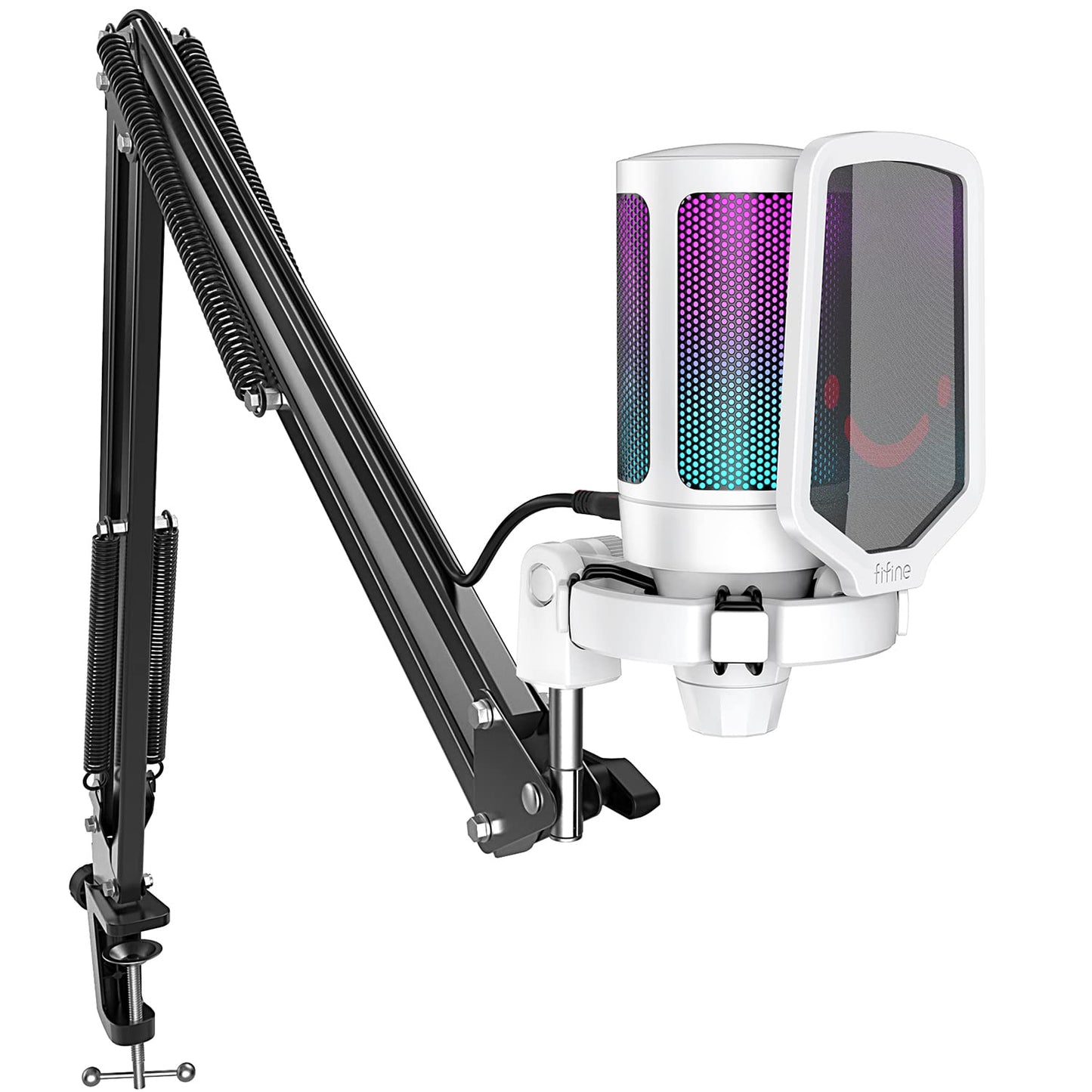 FIFINE Gaming PC USB Microphone, Podcast Condenser Mic with Boom Arm, Pop Filter, Mute Button for Streaming, Twitch, Online Chat, RGB Computer Mic for PC Gamer Youtuber-AmpliGame A6T