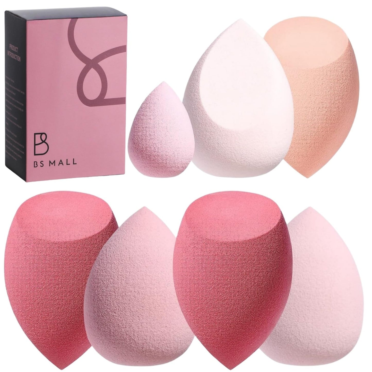 Makeup Sponge Set BS-MALL with Storage Case 7 Pcs for Liquid, Cream, and Powder, Foundation with 1 Mini Makeup Sponge Pink For Travel Daily Use (A-Pink)