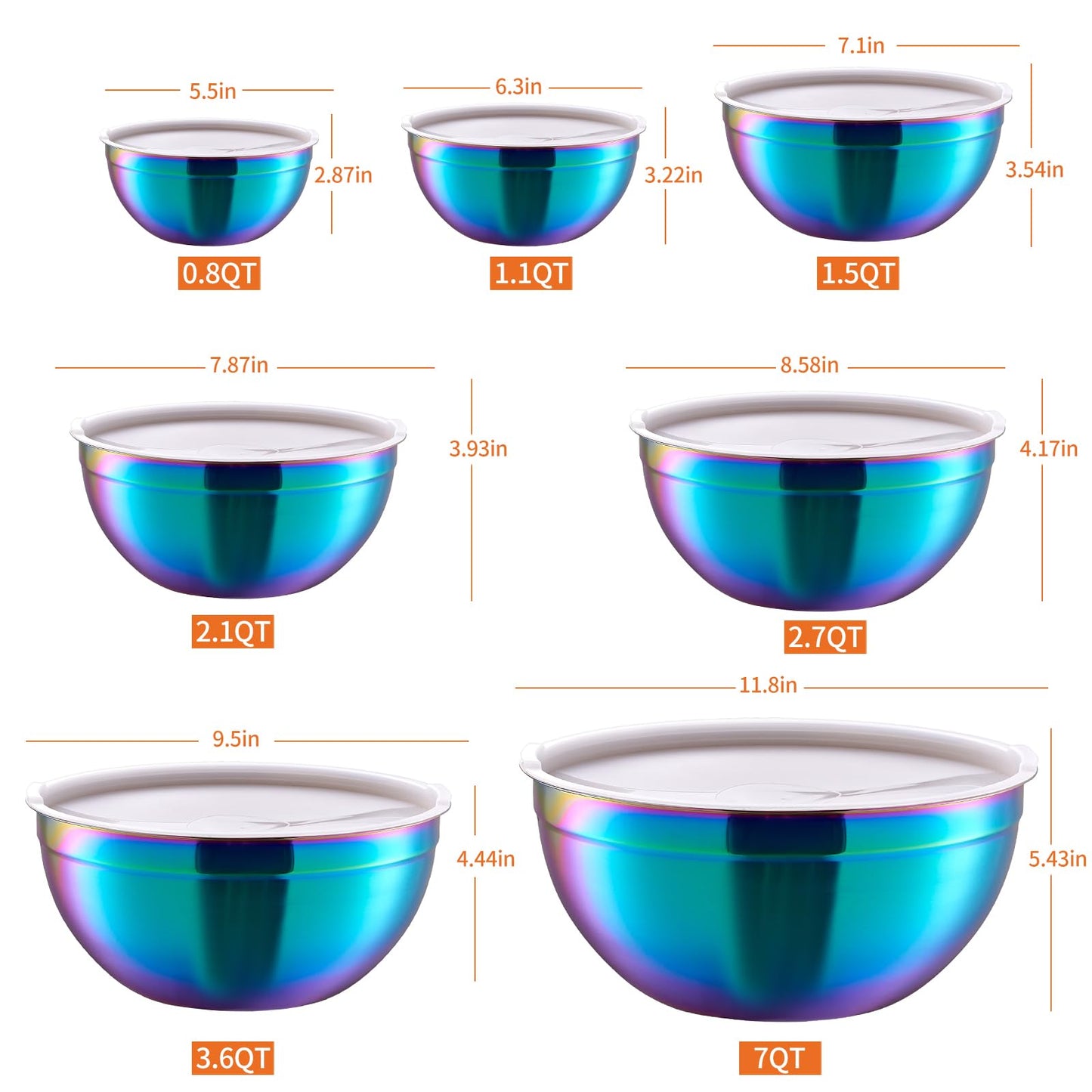 Onlycooker Rainbow Mixing Bowls With Airtight Lids,Stainless Steel Bowl,Salad Bowls 7 Piece Colorful Nesting Bowl Rainbow Kitchen Accessories,Size 7,3.6,2.7,2.1,1.5,1.1,0.8QT Stackable Design