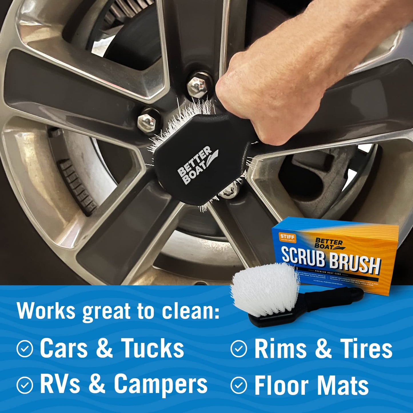 Stiff Hand Scrub Brush, Short Handle Heavy Duty Tire and Wheel Cleaning Tool, Outdoor Boat Scrubber with Handle, Carpet Cleaner, All-Purpose Cleaning Brush