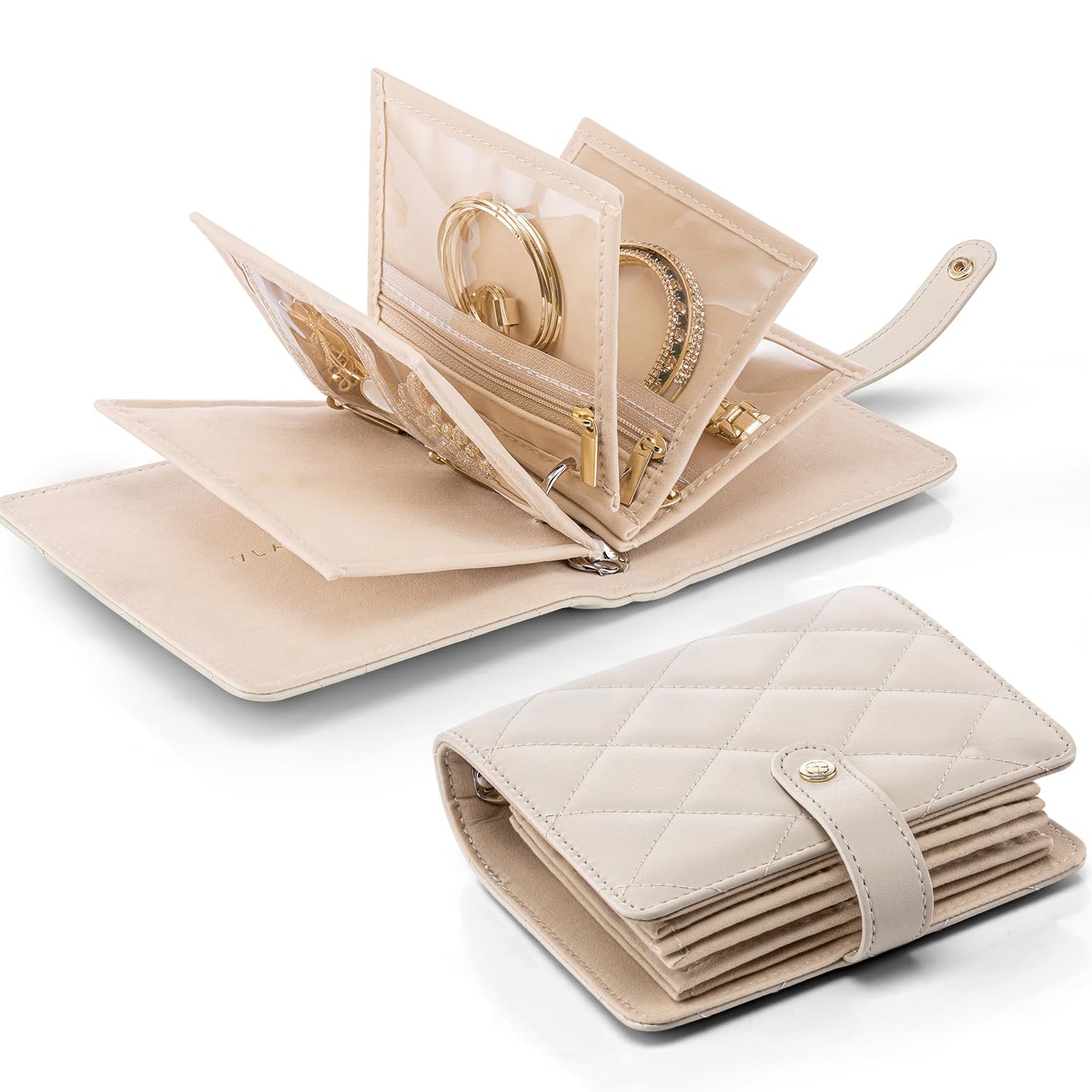 Vlando Travel Jewelry Organizer Case,Mothers Day Gifts for Her,Portable Jewelry Organizers Storage Book with Clear Zipper Velvet Jewelry Pouch Bag for Travel Essentials,Ring,Earring-Cream White