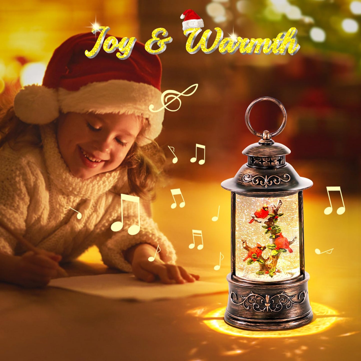 sinofayar Christmas Snow Globes,Glittering Cardinal Lantern with 6h Timer & 8 Music Songs,USB Battery Operated Box for Decorations Indoor Tabletop Gifts