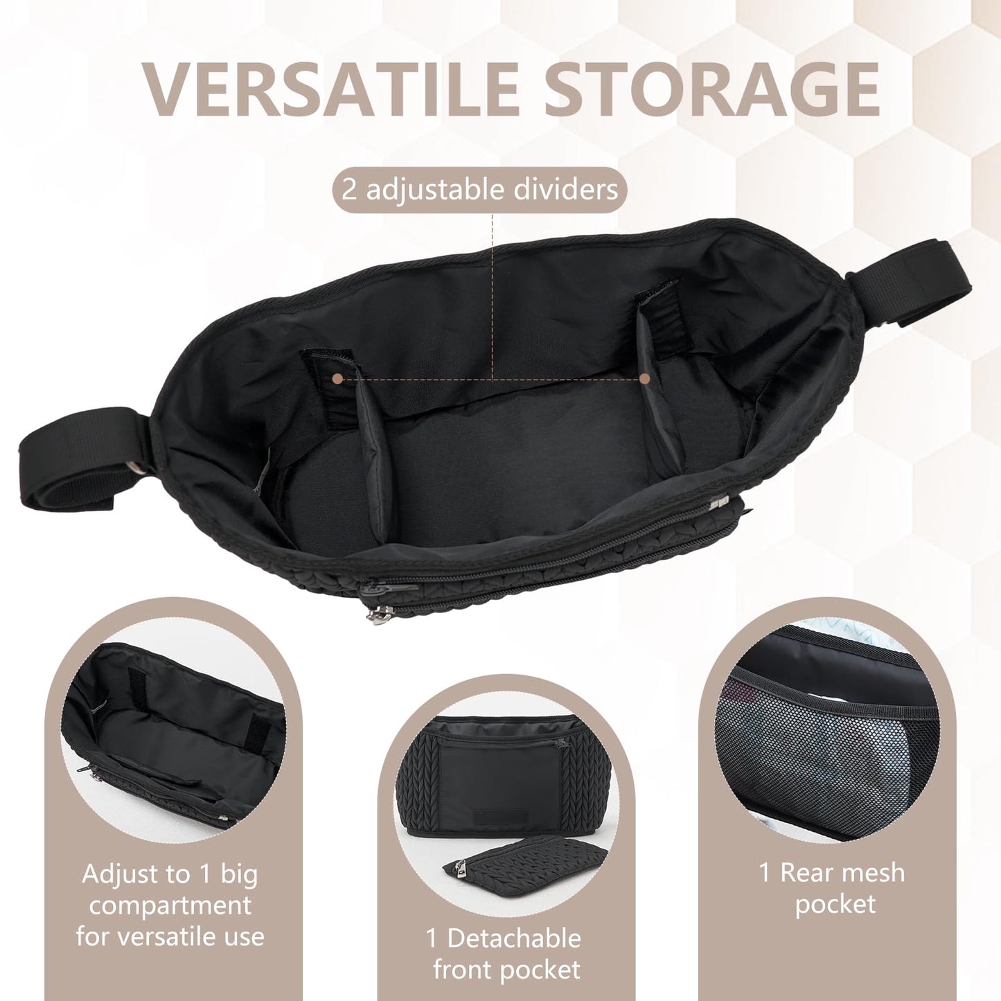 LUKJOJO Stroller Organizer - Stylish 3D Herringbone Quilting Nylon, Universal Fit, Detachable Bag, Adjustable Multi-Storage for Baby Essentials