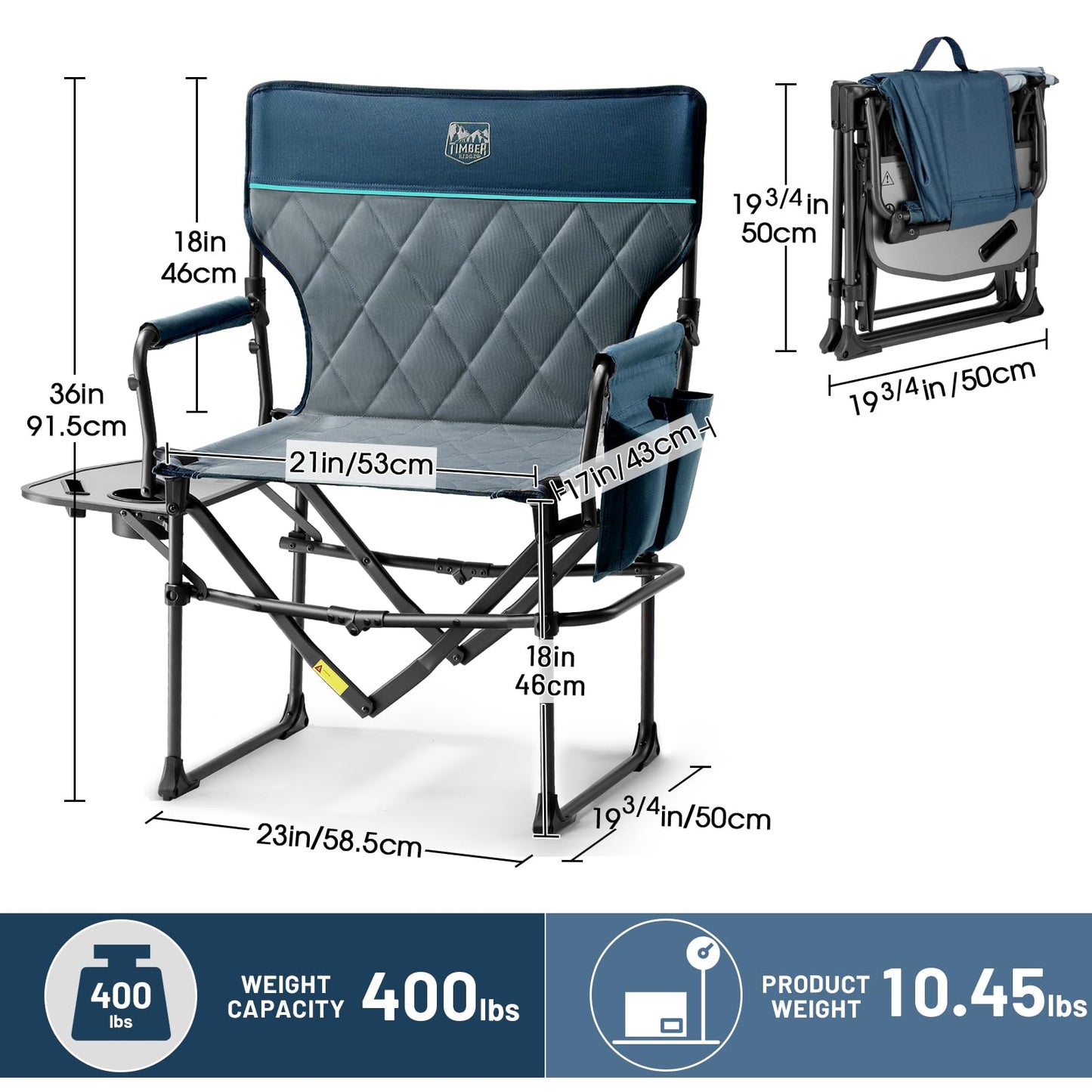 TIMBER RIDGE Aluminum Camping Directors Chair with Side Table Pocket, Portable Folding Heavy Duty Lawn Chair for Fishing Trip Picnic Concert Outdoor 400lbs, Navy 2 Pack