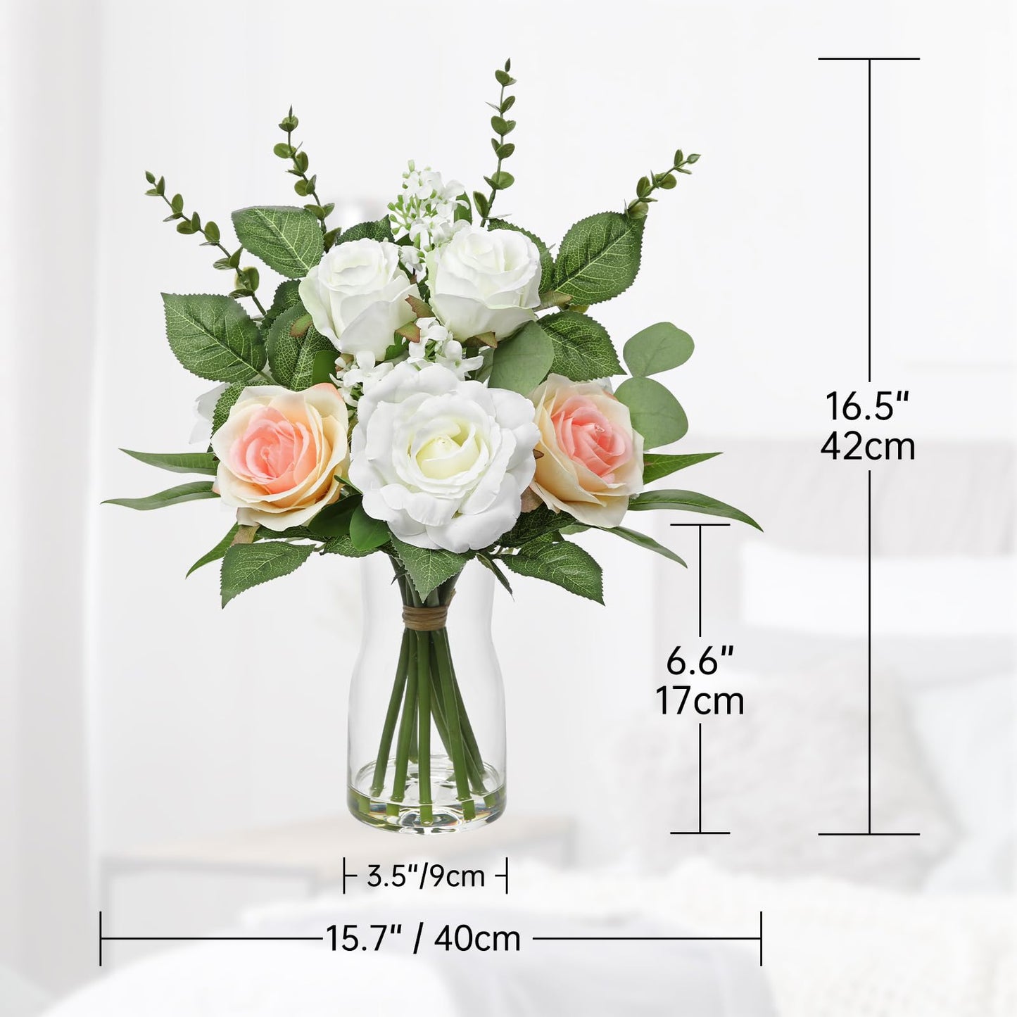 Hollyone Faux Flowers in Vase Artificial Silk Rose Flowers with Faux Eucalyptus Plants Arrangement with Vase Rose Flowers Bouquets Table Centerpieces Decorations Living Room Office Bathroom Home Decor
