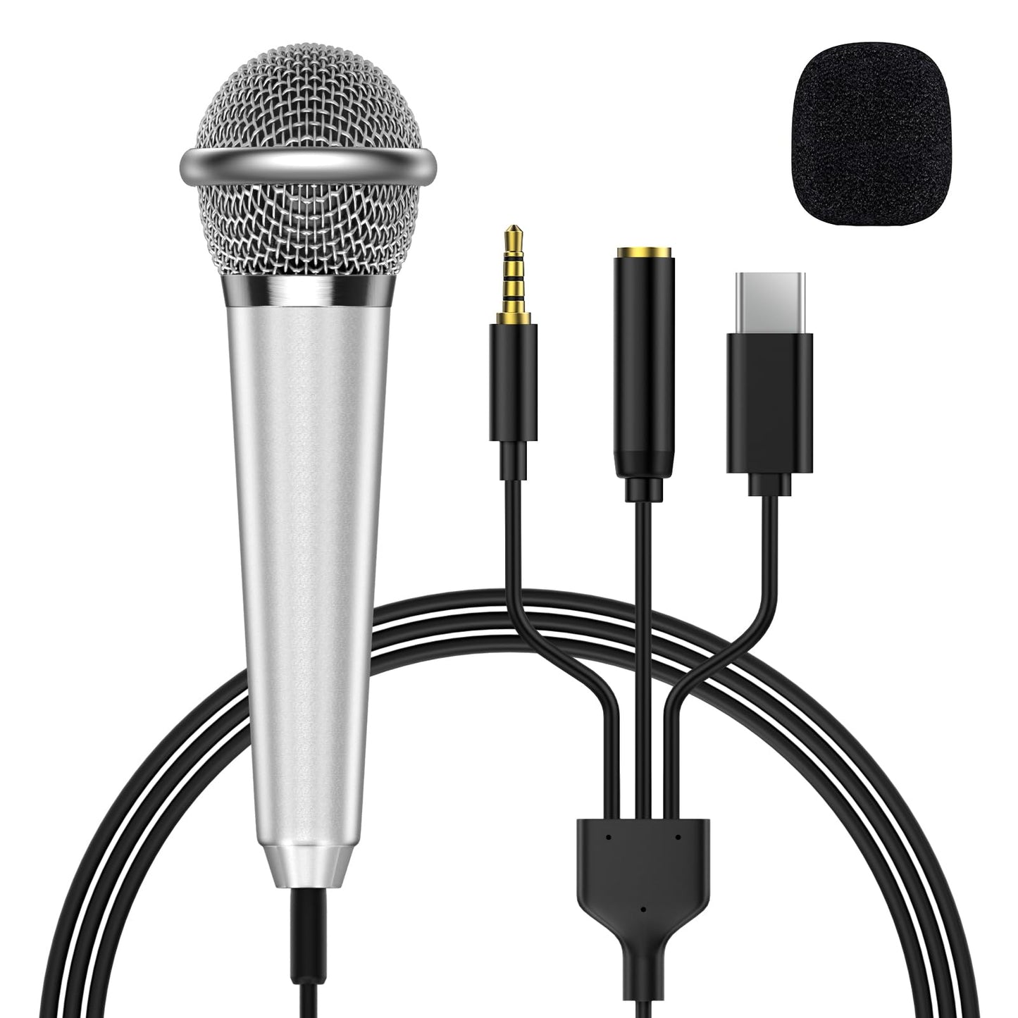 NICHOM 2-in-1 Mini Microphone for Android, iPhone 15, Laptop and PC, Portable Mini Mic for Vlogging, Karaoke, Video Recording with USB C & 3.5mm Jack (USB C)