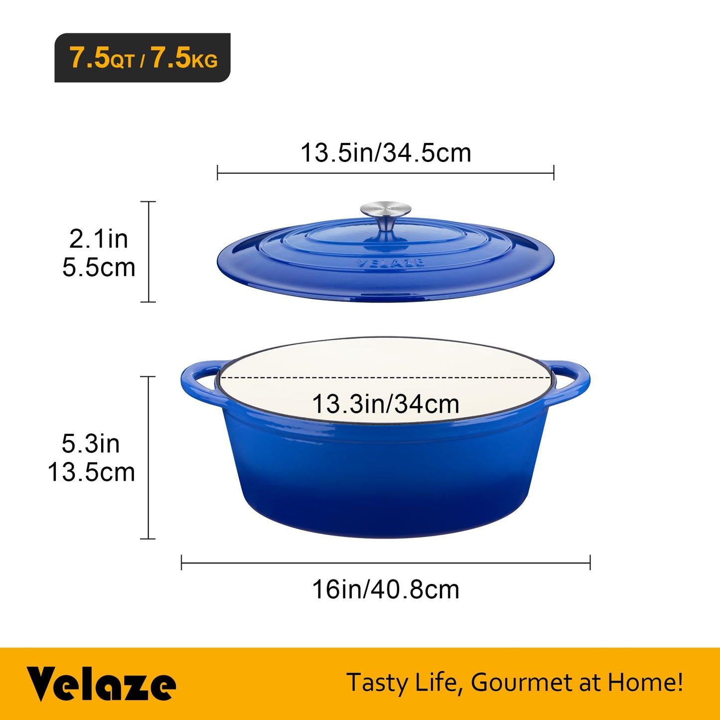 Velaze 7.5 QT Enameled Oval Dutch Oven Pot with Lid, Cast Iron Dutch Oven with Dual Handles for Bread Baking, Cooking, Frying, Non-stick Enamel Coated Cookware(Blue)