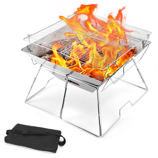 Odoland Folding Campfire Grill, 304 Stainless Steel Grate Barbeque Grill, Portable Camping Grill with Legs for Picnics, Backpacking, Outdoor with Carrying Bag and Kitchen Tongs