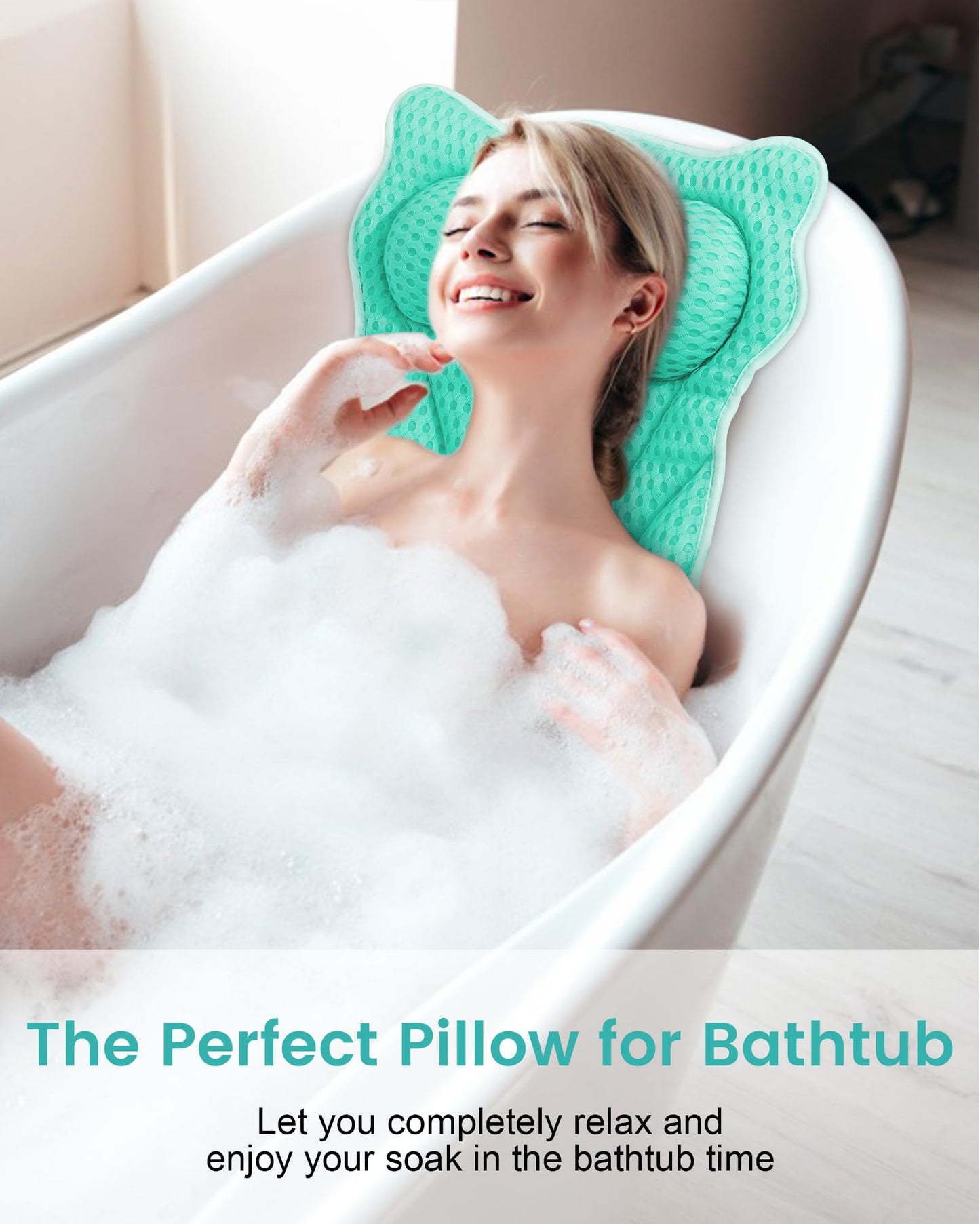 MTDLYICE Bath Pillow, Bath Pillows for Tub Neck and Back Support, Soft 4D Air Mesh Bathtub Pillow 16.5 x 17.3 INCH, with 6 Powerful Suction Cups, Bath Accessories Relaxing Gifts for Women (Lake Blue)