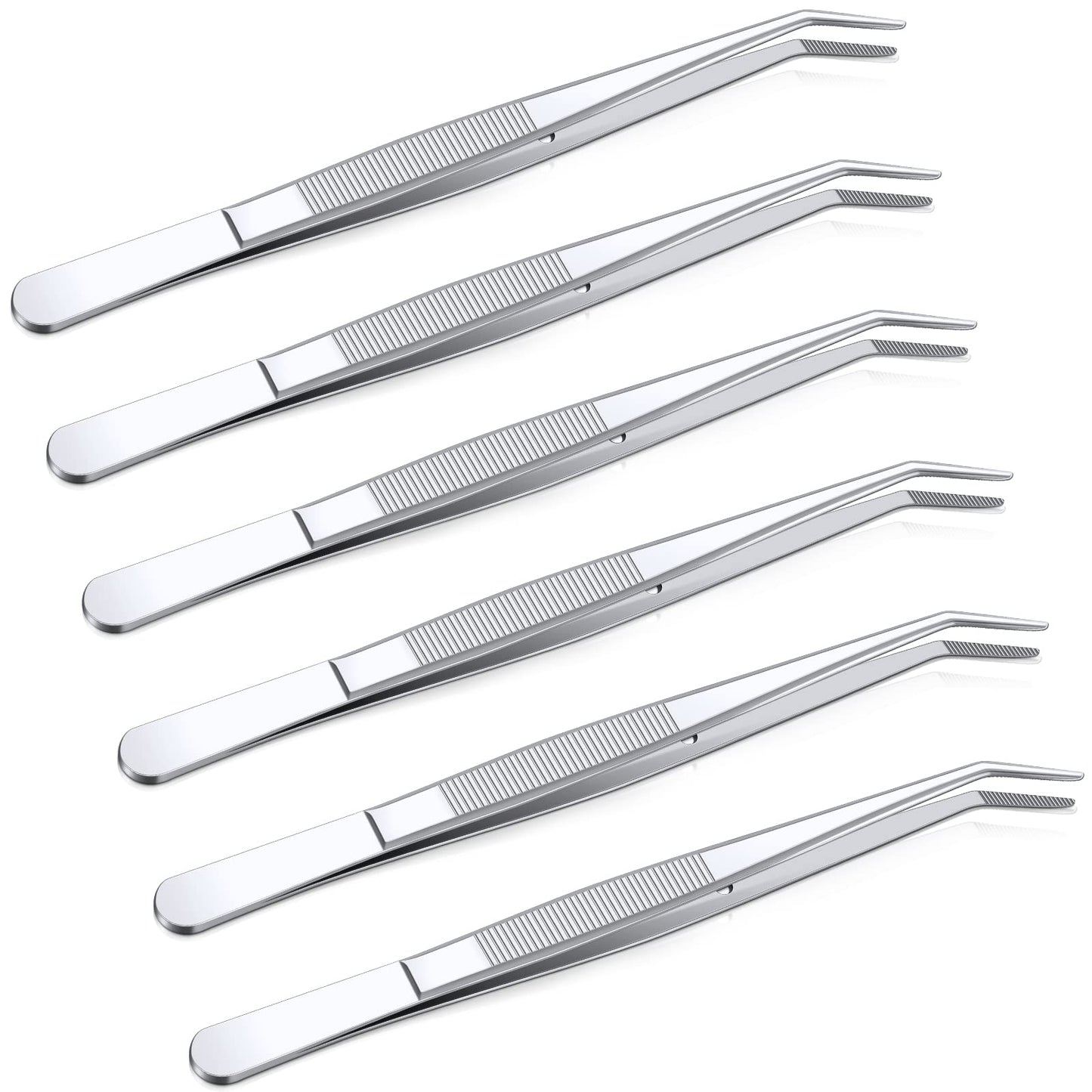 Honoson 6 Pcs Stainless Steel Tweezers for Crafting with Curved Serrated Tip Multipurpose Forceps Sewing Machine Tweezers Bulk (Silver)