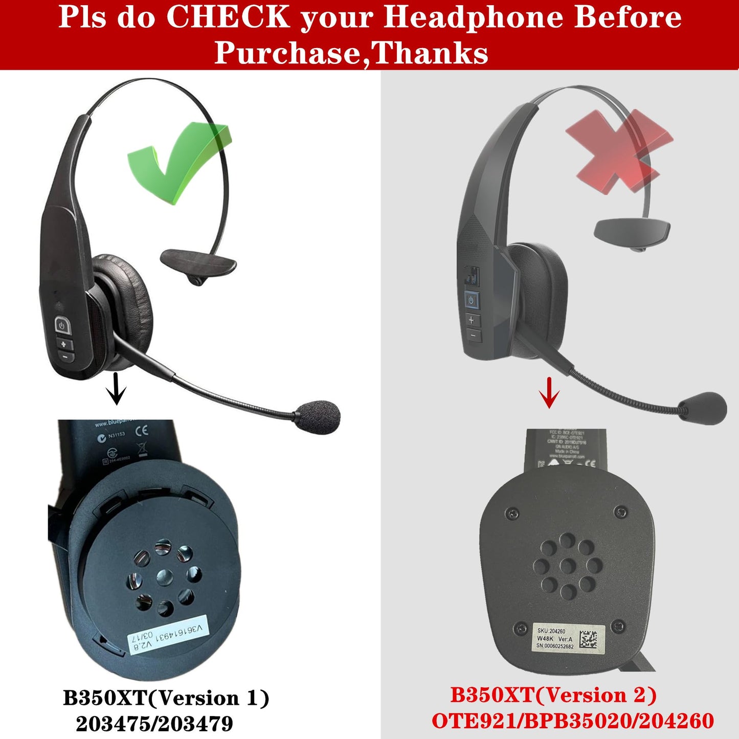 YunYiYi B350XT Earpads Compatible with VXI BlueParrott B350 XT (Version 1) 203475/203479 Noise Canceling Bluetooth Headset Cover Repair Parts (Refer to Figure 2)