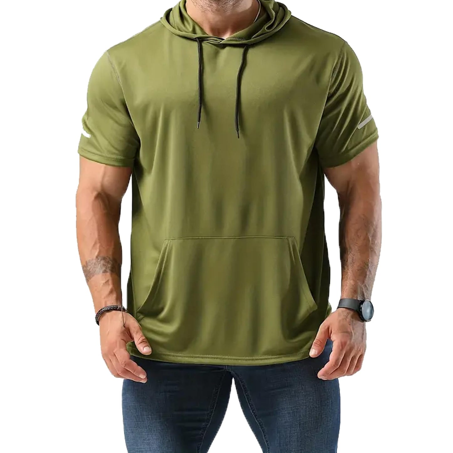 frueo Men's 3 Pack Workout Shirts Quick Dry Moisture Wicking Short Sleeve Mesh Athletic T-Shirts with Hoods,Black Gray Green,2XL