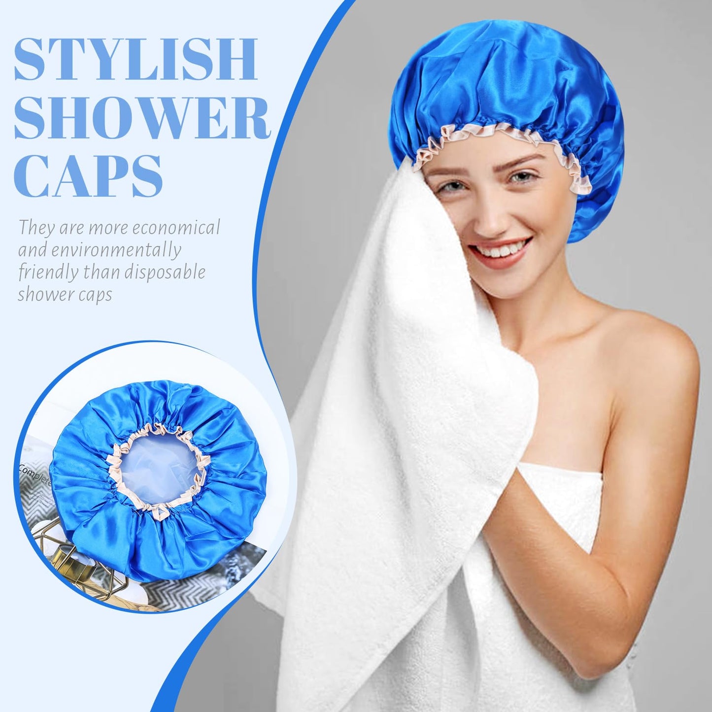 Lawie 4 PACK Double Layer Waterproof Reusable Satin Shower Caps with Adjustable Bath Hair Caps Stretchy PEVA Bathing Hats Bonnets Curly Long Braids Hair for Women Girls (pack 1 of solid colors)