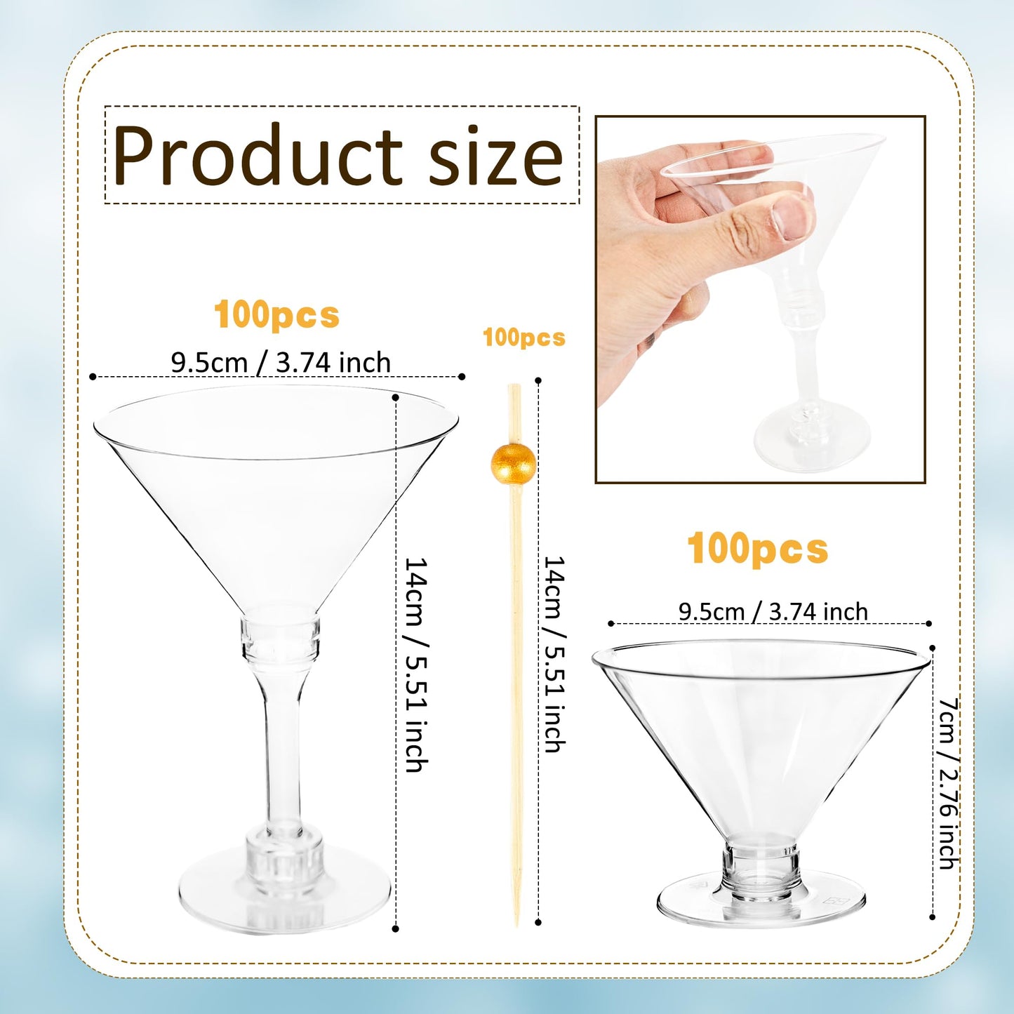 100 Pcs 5 oz Plastic Martini Glasses Set Includes 50 Pcs Tall Cocktail Glasses and 50 Pcs Short Martini Cups with 100 Pcs Cocktail Sticks for Birthday Wedding Disco Parties Wine Dessert Puddings