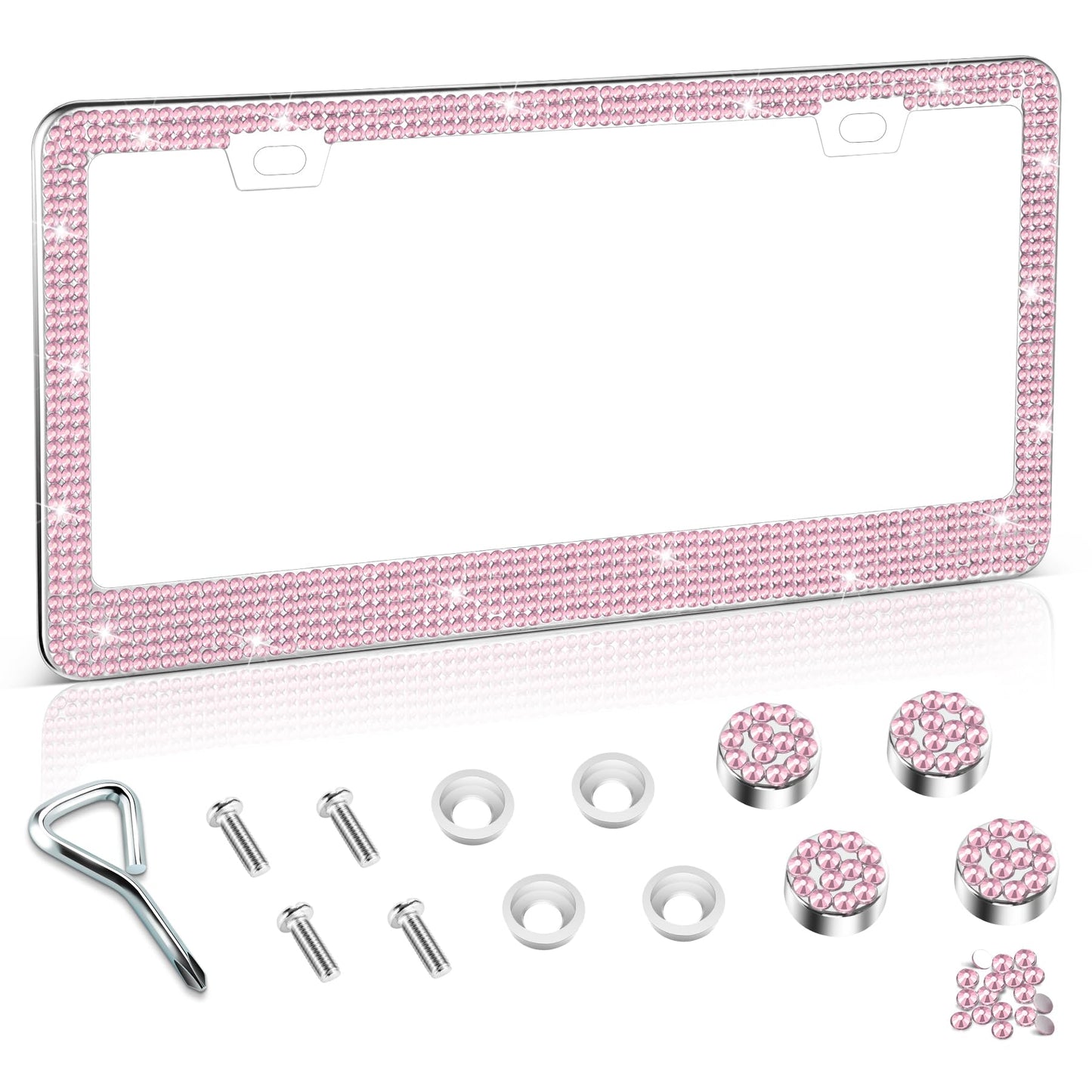 Amiss Bling License Plate Frame for Women, 2Pack Rhinestone Handcrafted Crystal Premium Stainless Steel, Stainless Steel Car Accessories with Diamond Sparkle Glitter Caps (Pink)