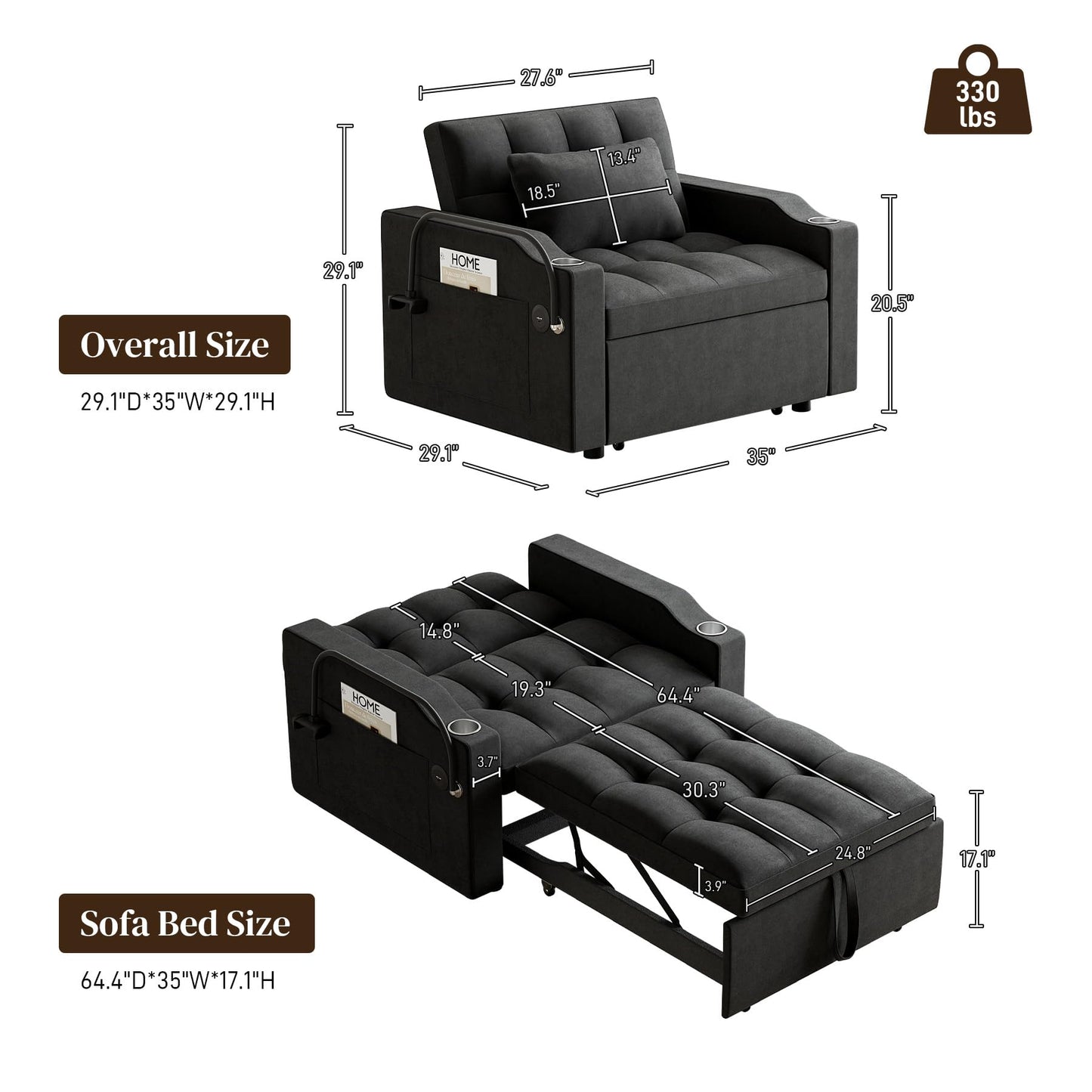 Wrofly 3 in 1 Single Sleeper Sofa Chair with Pullout Bed, Convertible Pull Out Couch with Adjustable Backrest, Modern Chaise Lounge with USB Port for Living Room, Small Spaces, Black Velvet