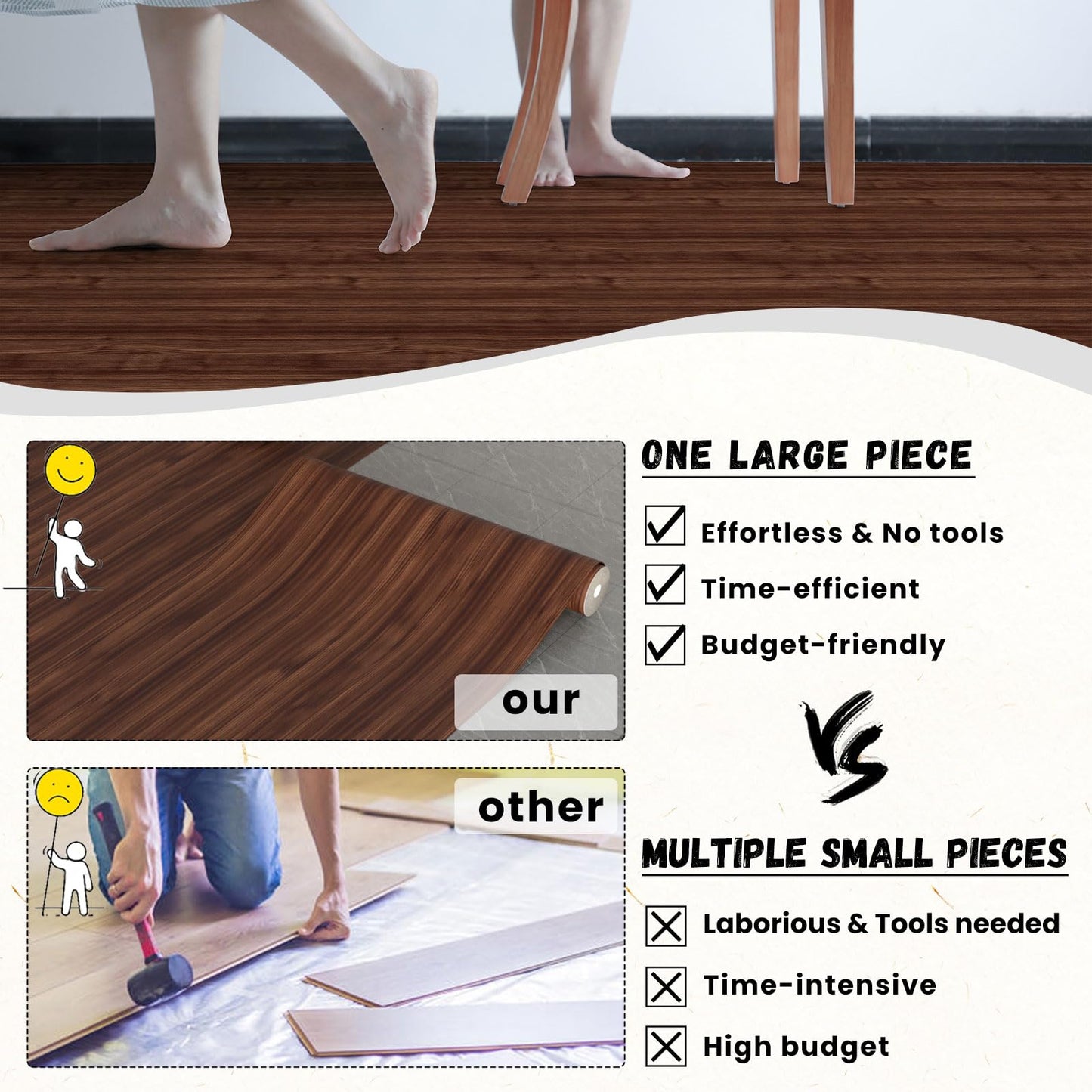 WIFEA Self Adhesive Vinyl Flooring Roll 23.6"x 118"/19 Sq.Ft Wood Grain Peel Stick Floor Tiles, Wear-Resistant and Waterproof Vinyl Plank Flooring for Bedroom Living Room Office Balcony Brown