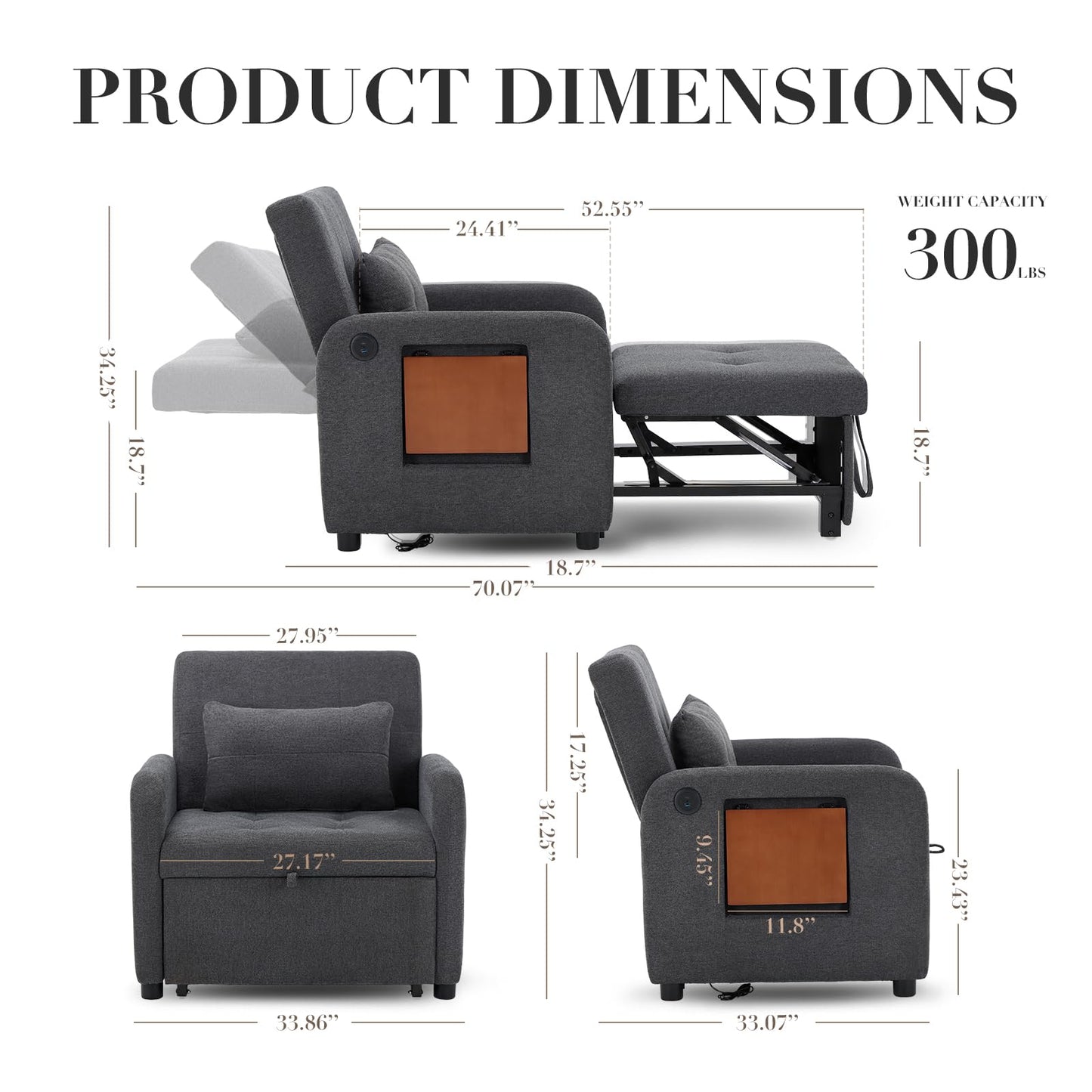 COLAMY Convertible Sleeper Chair-Fabric Futon Sofa Bed, Single Sleeper Sofa, Small Couch Bed with USB Port, Foldable Table, Pillow, Adjustable Backrest for Dorm/Bedroom/College Darkgrey