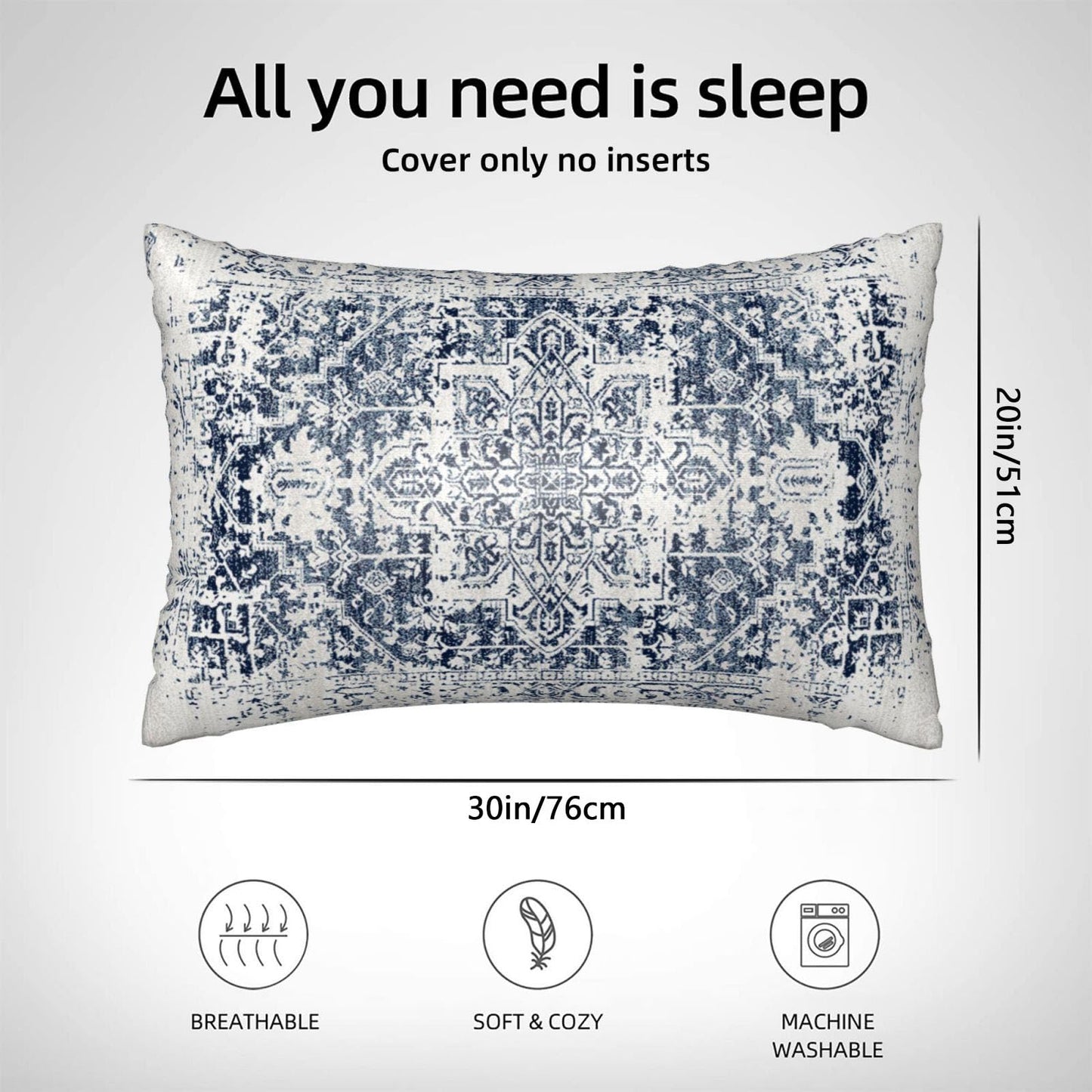 Silk Like Pillowcase for Hair and Skin Retro Boho Blue Carpet 1 Pack Satin Pillowcase with Hidden Zipper Soft Breathable Smooth Cooling Pillow Cover Queen Size for Bedroom Sofa 20”x30”