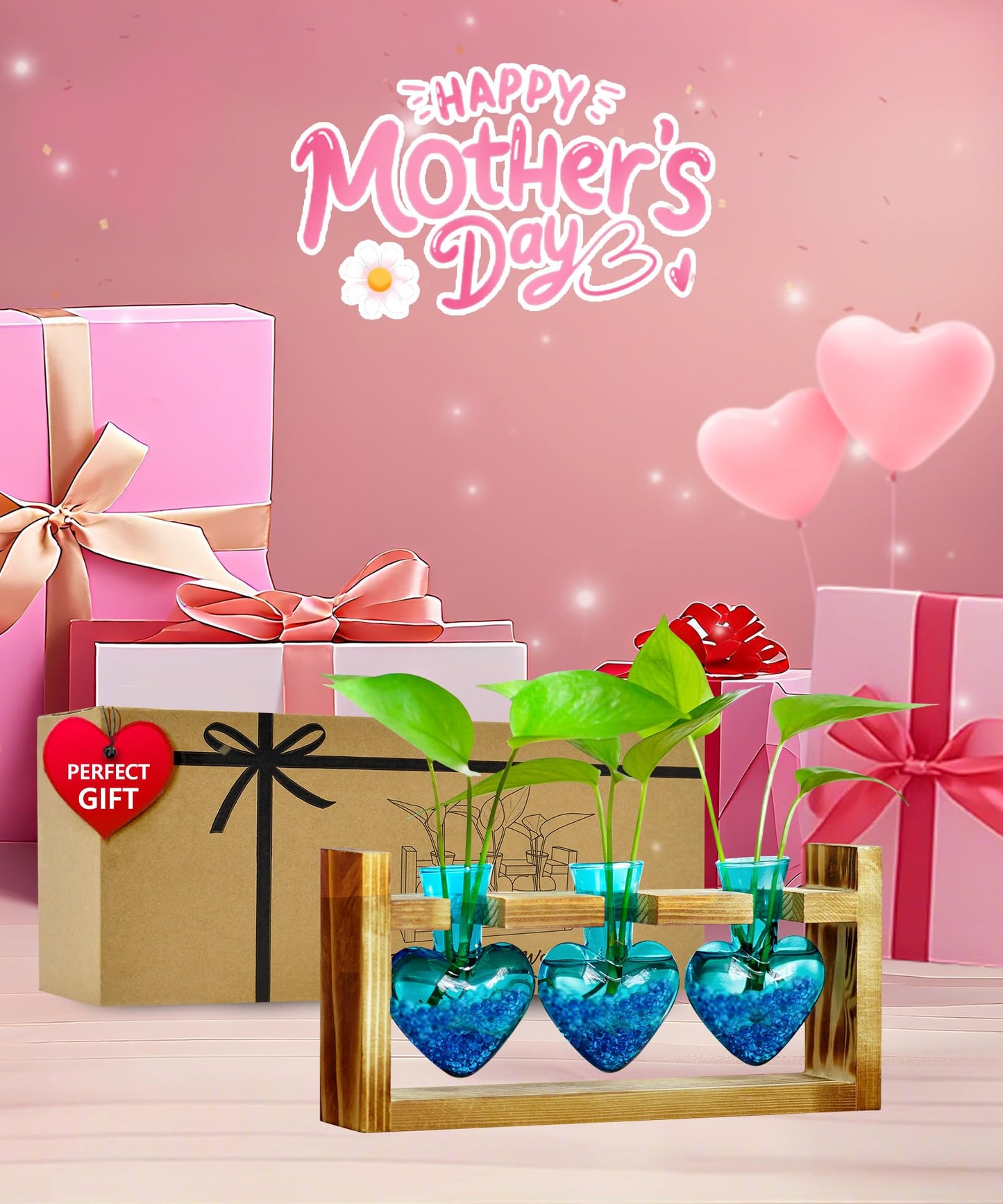 Nacome Plant Terrarium for Office Decor: Birthday Gifts for Plant Lovers Women Mom Wife - Wooden Stand Tabletop Planter 3 Bulb Glass Vase Heart Shaped for Hydroponics Indoor Home