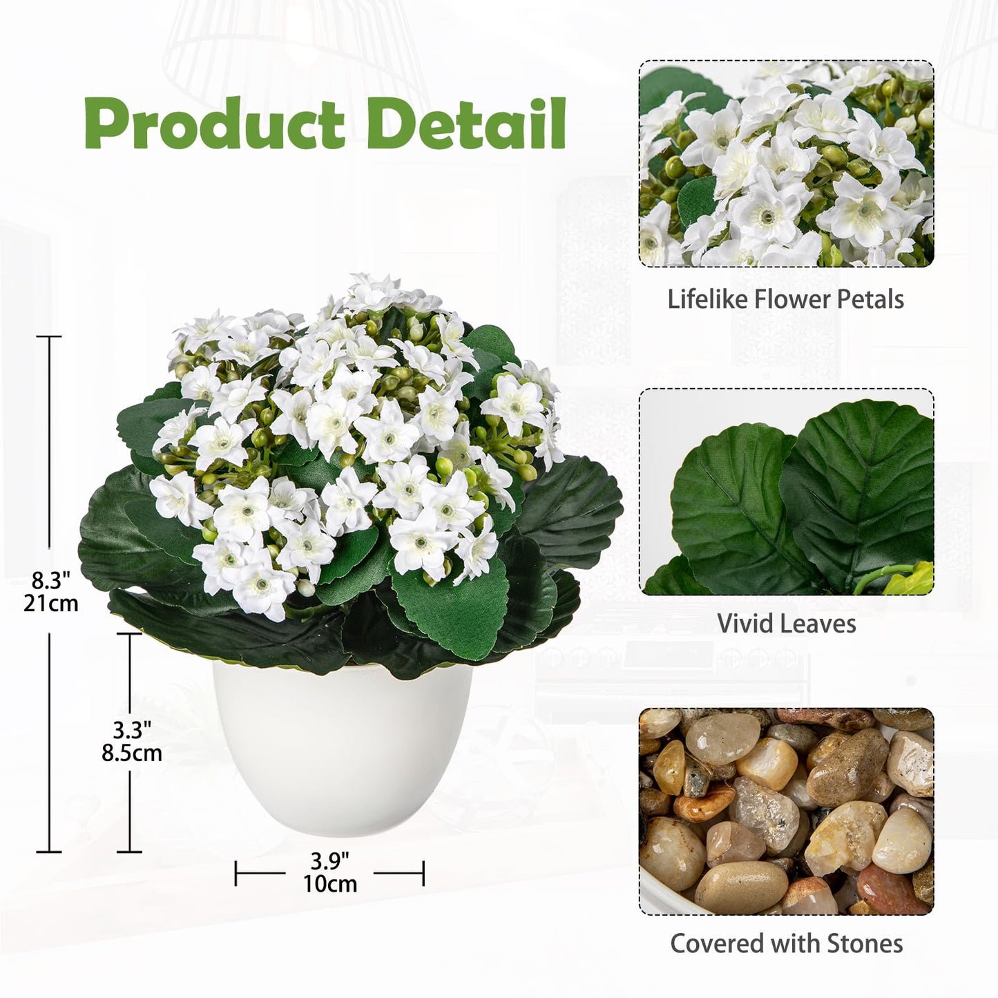 Kalanchoe Artificial Flowers Bush White Faux Silk Flowers Artificial Plants & Flowers in Vase Small Potted Plant Fake Flower with Pot Arrangement Home Decor Office Bathroom Shelf Desk Decoration