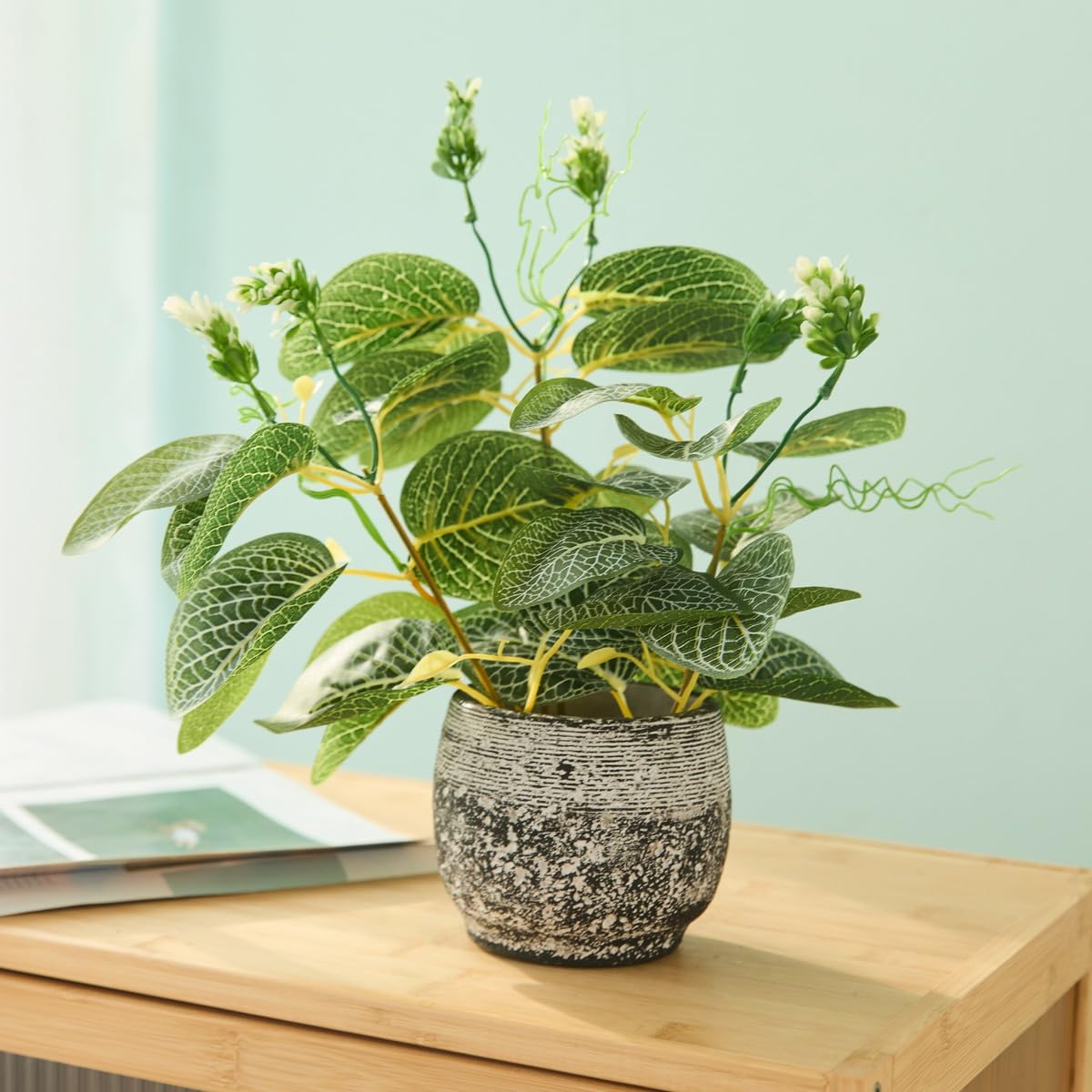 Giftale 12.8'' Fake Plants Greenery Faux White Nerve Plants Artificial Ficus Plant with Rustic Black Cement Planter for Home Living Room Bathroom Decor Indoor & Outdoor Kitchen Office Desk Bookshelf