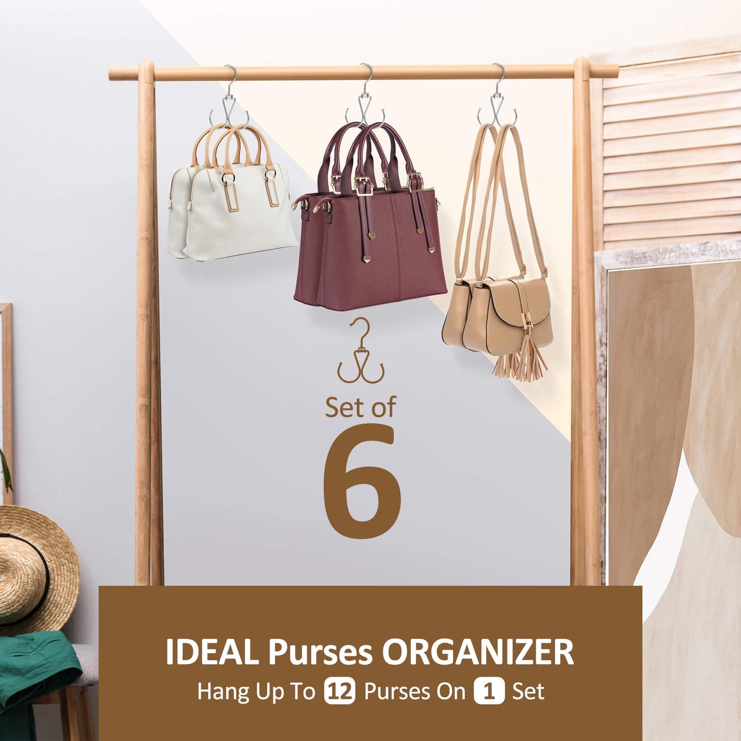 ZEDODIER 6 Pack Purse Hanger Organizer for Closet, Heavy Duty Rotatable Purse Holder with 12 Storage Capacity, Bag Storage Rack for Purses Bags Backpacks, Silver